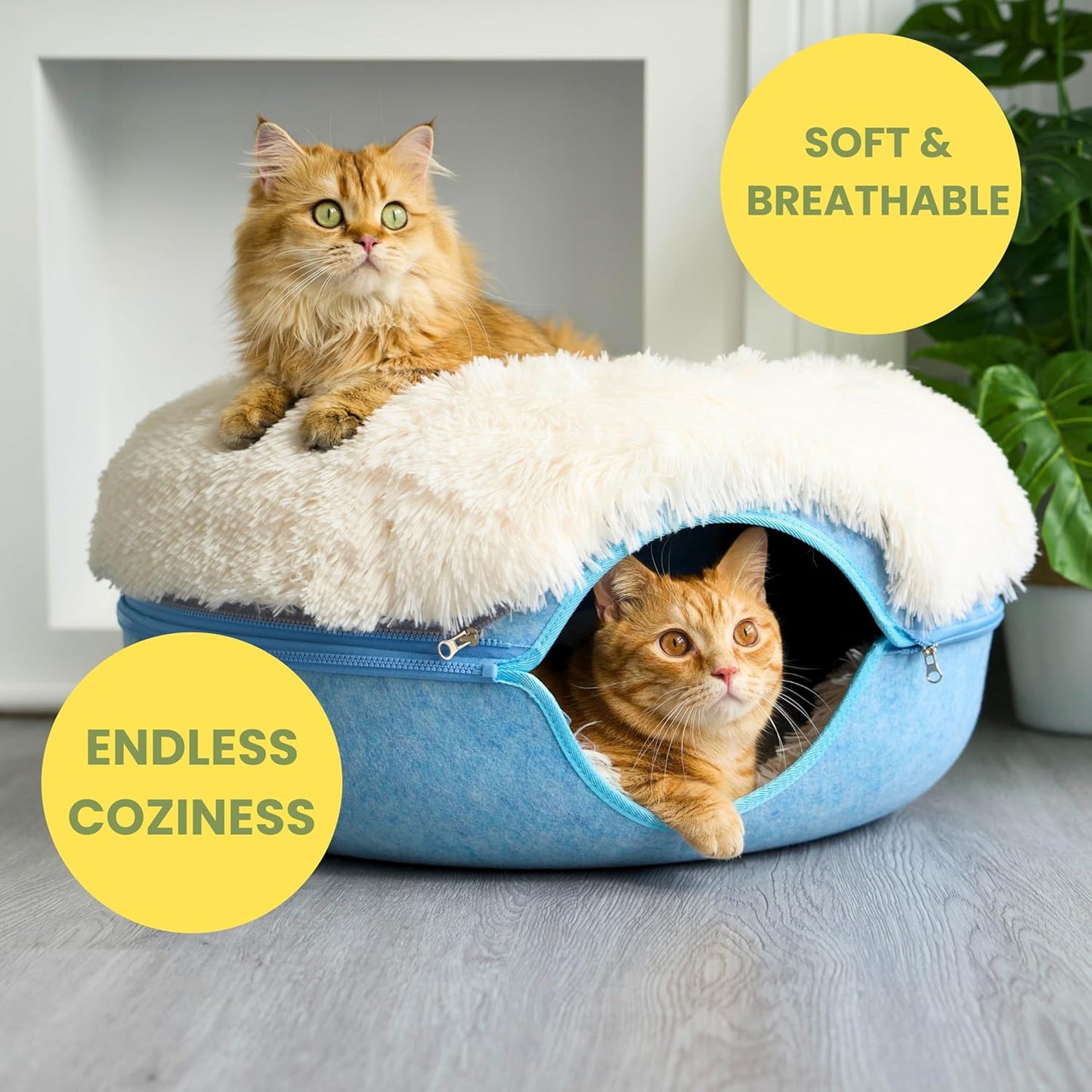 CATTASAURUS Peekaboo Cat Cave for Multiple & Large Cats Up to 30-45 Lbs, Fluffy Cat Beds for Indoor Cats, Scratch Detachable & Washable Tunnel Bed, Comfy Donut Cat Cave (Blue, Large (Calming))