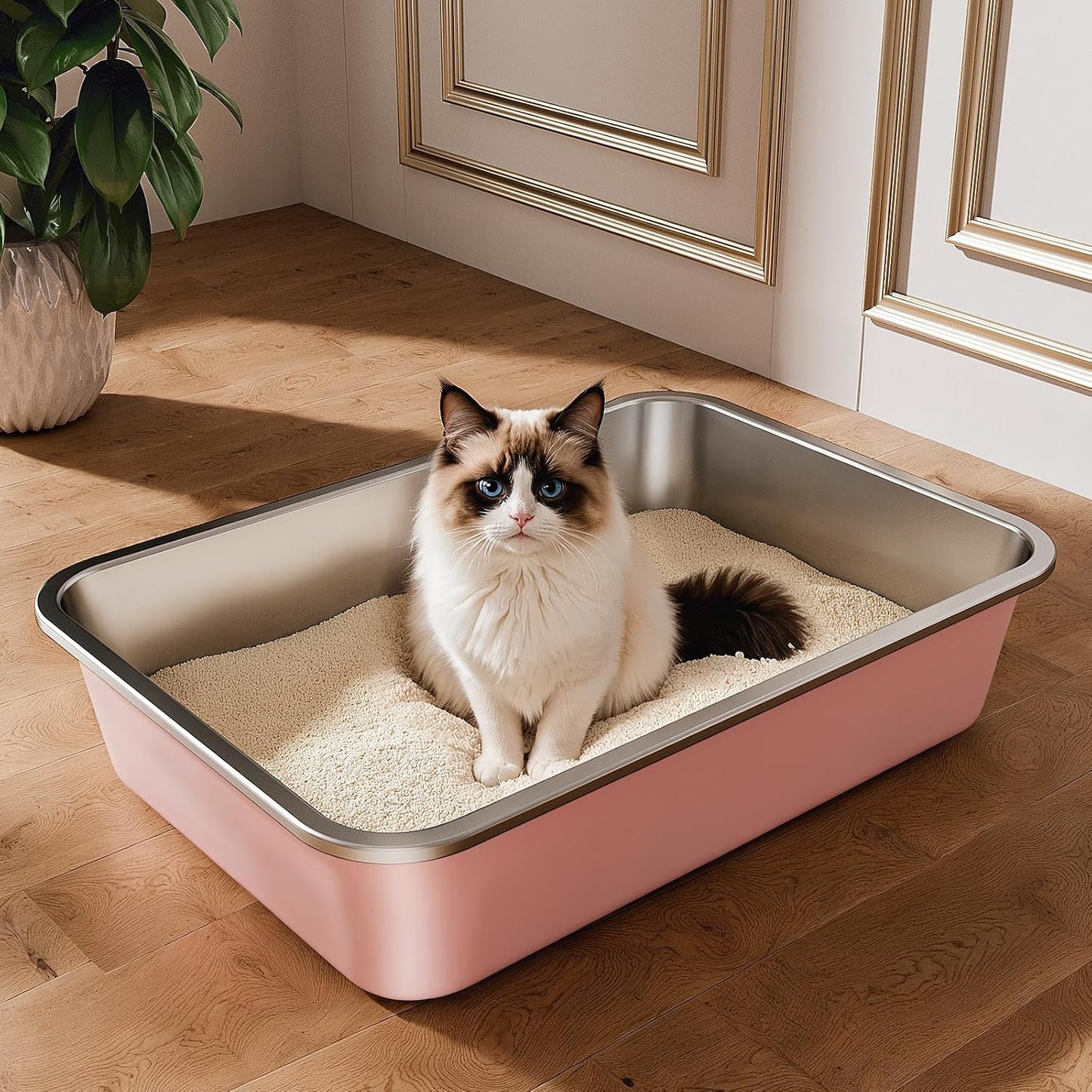 Stainless Steel Litter Box, Large Metal Cat Litter Box for Big and Small Cats, Non-Stick, Easy to Clean, Odor-Free, 19.5" L×13.6" W×3.9" H, Blush Pink