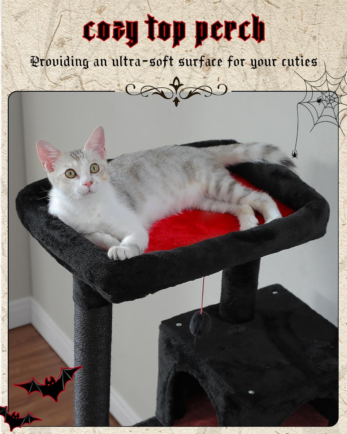 Gothic Cat Tree with Super Large Hammock, 56.3" Black Cat Tower with Coffin Bed, Cat Condo, Sisal Scratching Posts & Top Perch, Multi-Level Goth Cat Tree, Halloween, Black