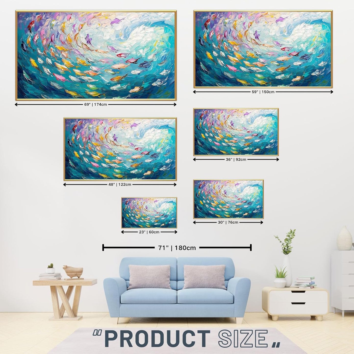 Fish Canvas Wall Art, Abstract School of Fish Canvas Wall Art, Ocean Picture Print, Sea Life Print Decor, Nautical Painting, Living Room, Bedroom, Bathroom Decor (Gold Framed, 23"x13" | 60x35cm)
