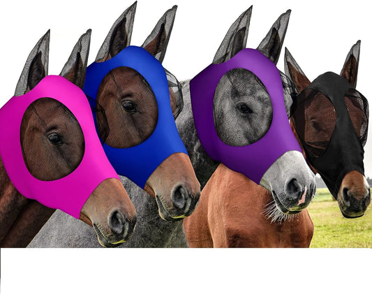 Frienda 4 Pcs Horse Fly Masks with Ears Head Fly Masks for Horses Smooth Elastic UV Protection Cover from Summer Insect Pests(Medium,Purple, Blue, Pink, Black)