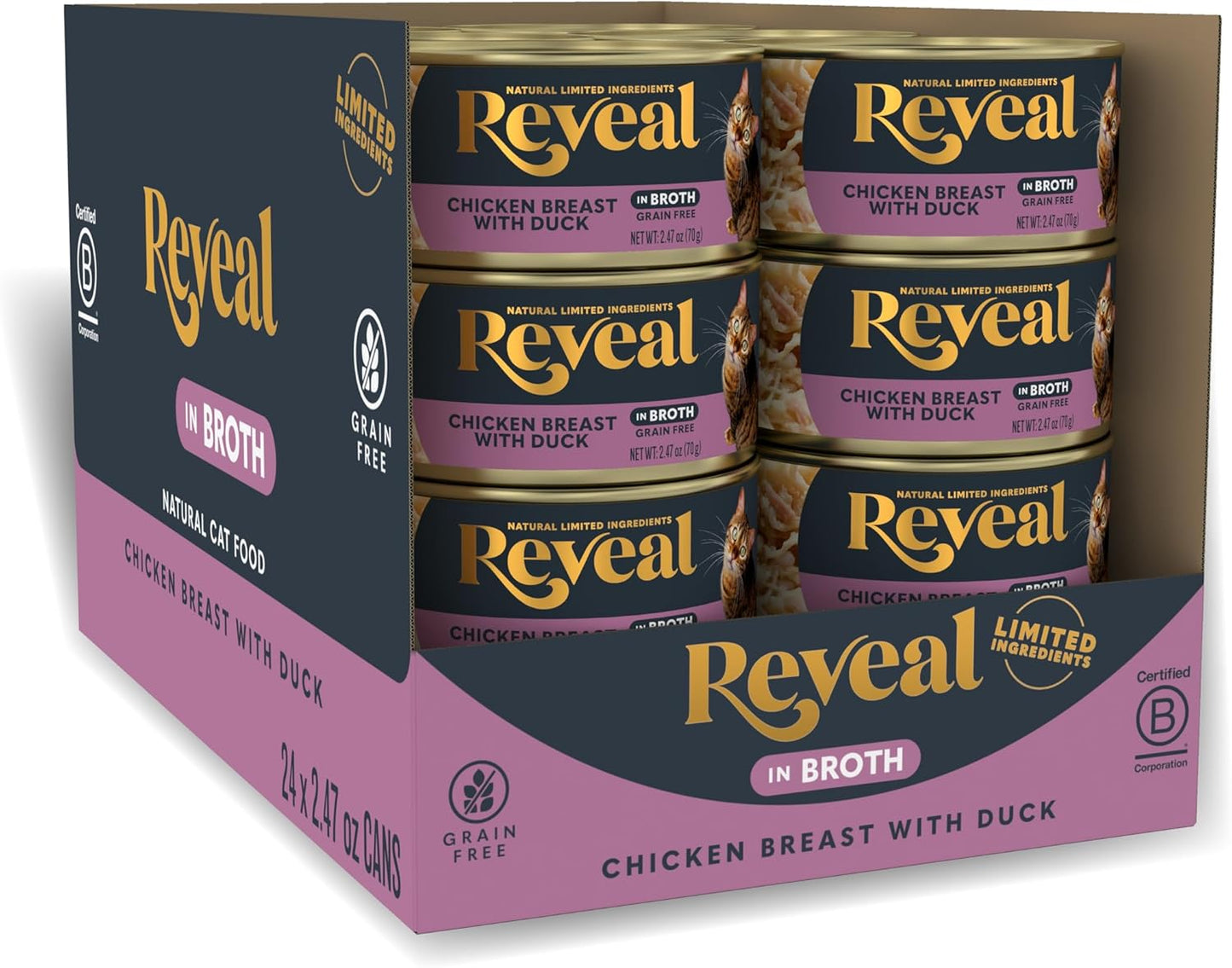 Reveal Natural Wet Cat Food, 24 Count, Grain Free, Limited Ingredient Canned Food for Cats, Chicken Breast with Duck in Broth, 2.47 oz Cans