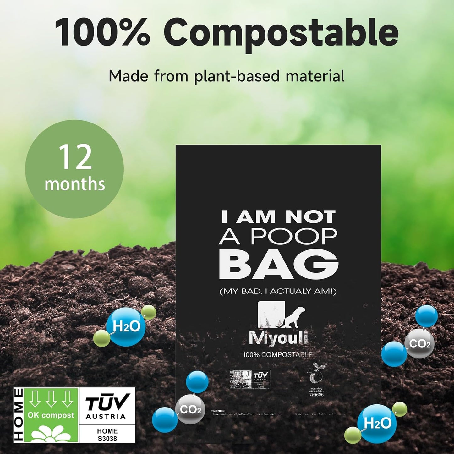 100% Certified Compostable Dog Poop Bag Rolls, 120 Bags (8 Rolls) Eco-Friendly Poop Bags for Dogs, Leak Proof Unscented Easy Open Poop Waste Bag（Black）