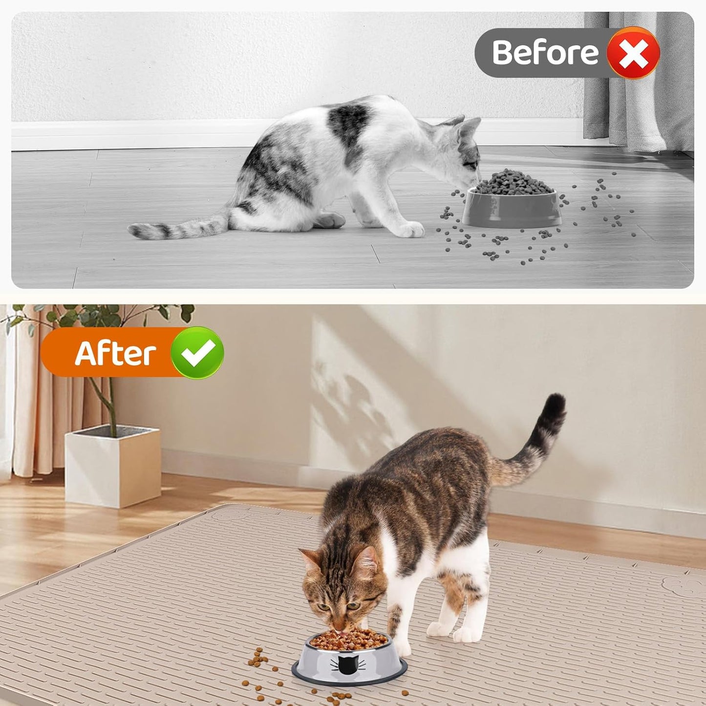 Cat Food Mat, 40" x 28" Extra Large Silicone Pet Feeding Mat with Raised Edge Pet Placemat for Food and Water Bowl Non-Slip, Easy to Clean, Floor Protection (Khaki)