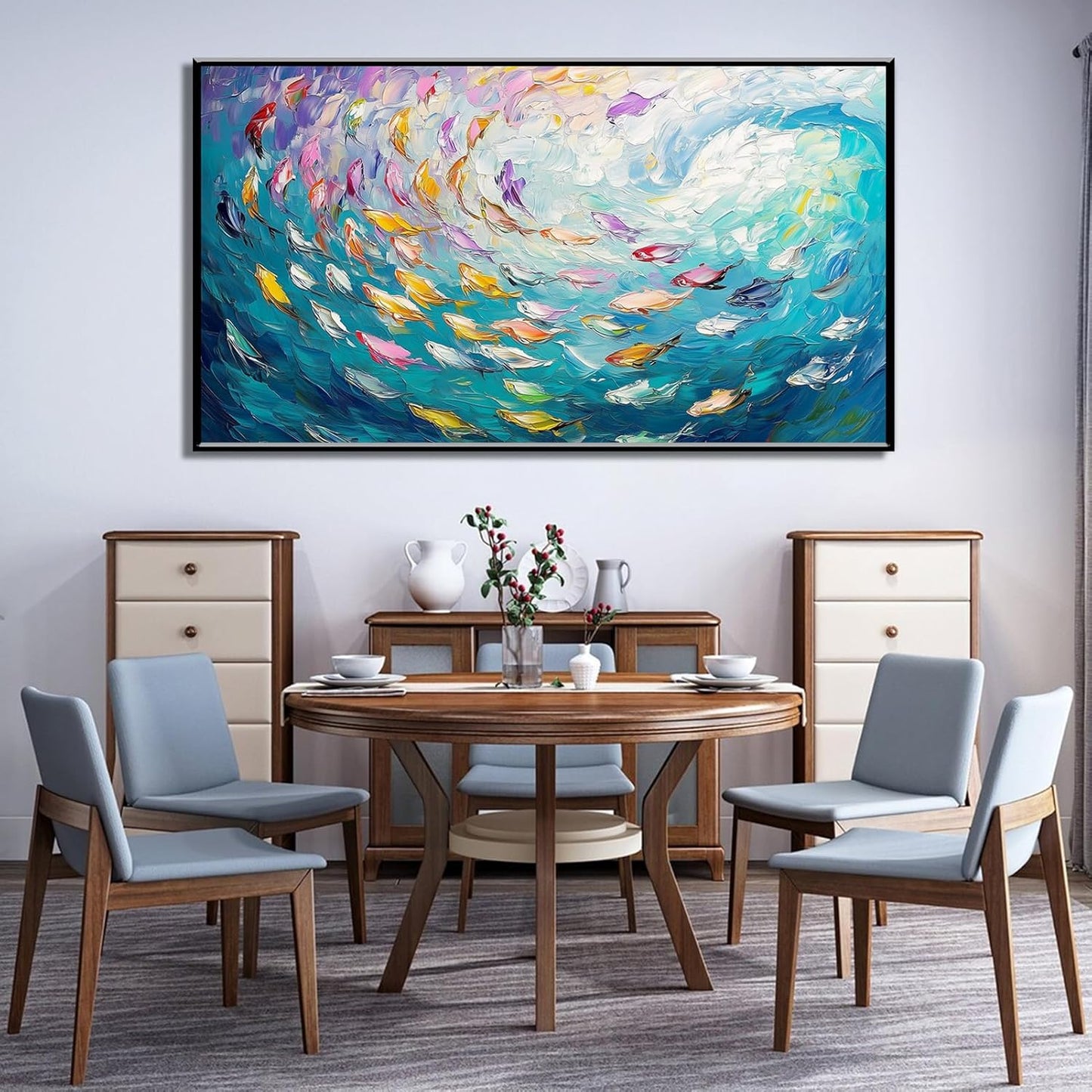 Fish Canvas Wall Art, Abstract School of Fish Canvas Wall Art, School of Fish Painting Canvas, School of Fish Wall Art, Fish Wall Decor, Fish Pictures Wall Decor, Bedroom Canvas Wall Decor (Gold Framed, 30"x17" | 76x43cm)