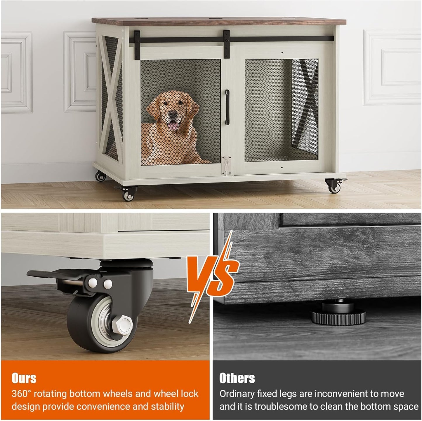 Dog Crate Furniture,37 Inch Indoor Dog Cage with Sliding Barn Door, Flip Top Dog Kennel End Table with Removable Divider, Farmhouse Wooden Pet House for Small to Middle Size Dogs