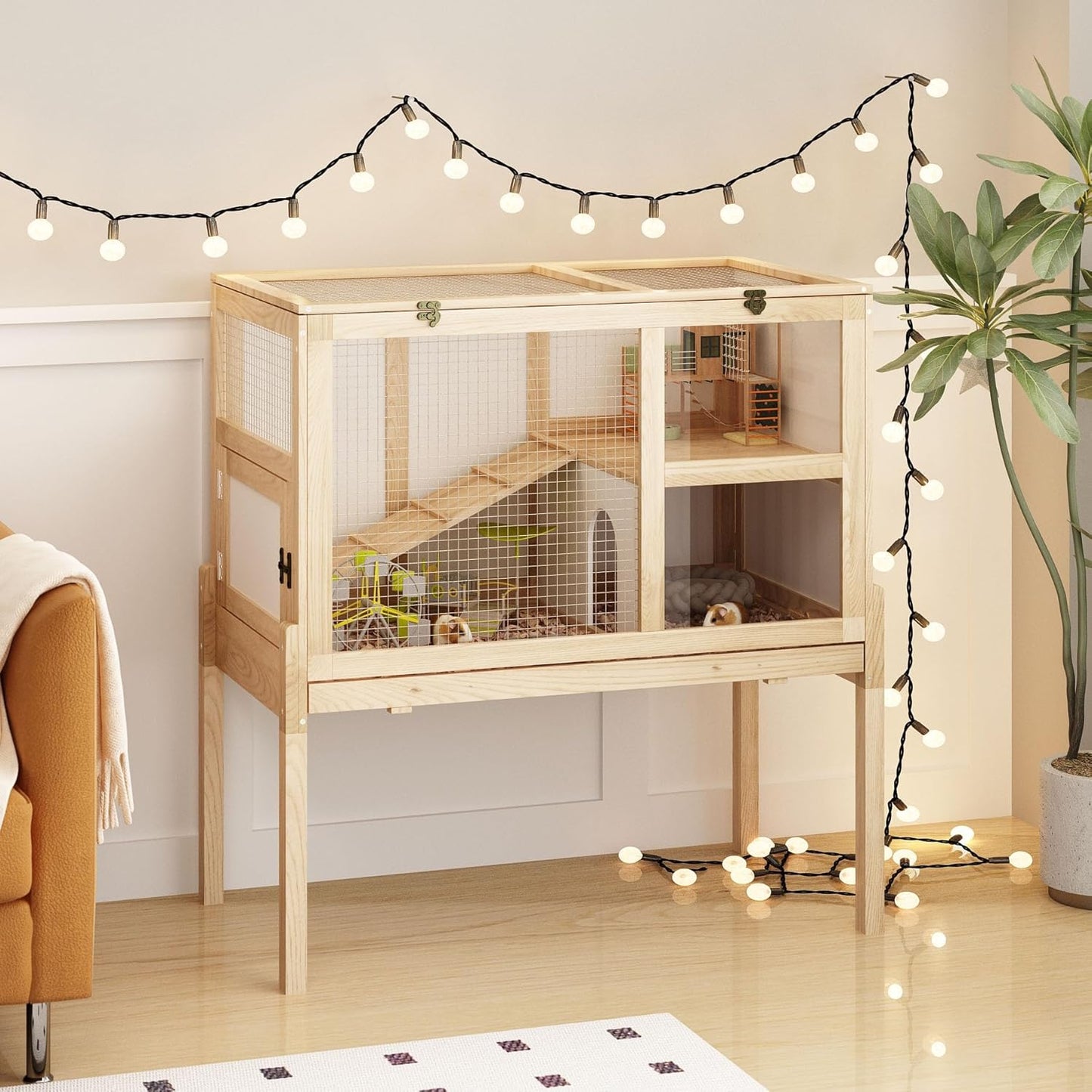 Guinea Pig House for 2 with Stand, Small Animals Rabbit Cages with a Pull Out Tray, Wooden 2-Story Indoor Large Hamster Habitat Playpen with Ramp, Hideout, Platform