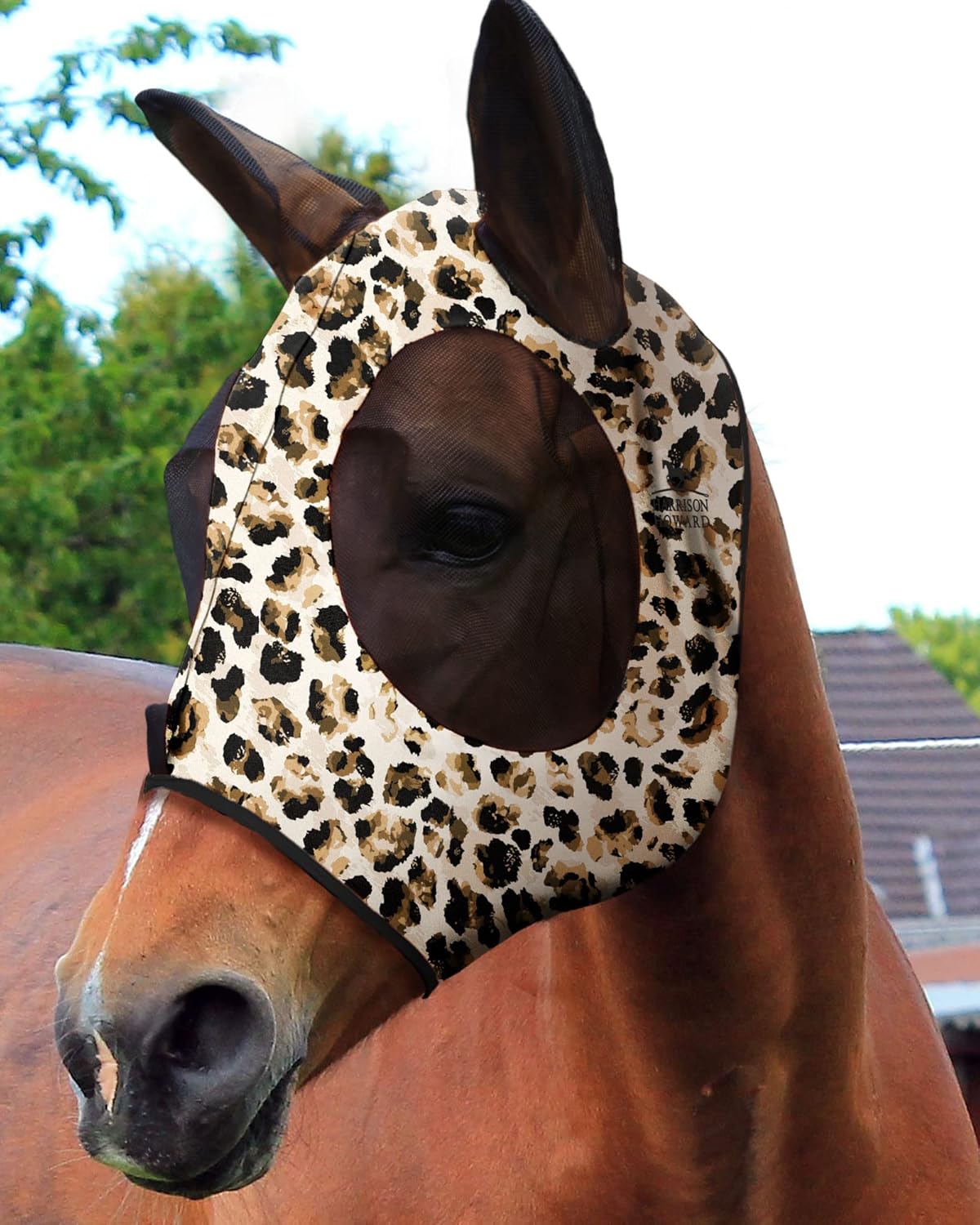 Harrison Howard Super Comfort Stretchy Fly Mask Large Eye Space with UV Protection Soft on Skin with Breathability Leopard Print XL Extra Full Size