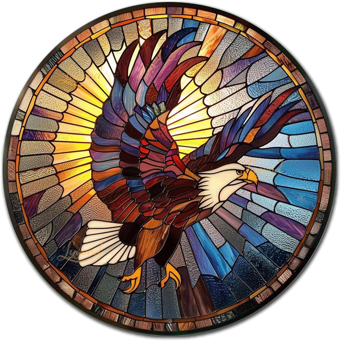 Lygond Metal Sign Tin Sign Circular Stained Glass Eagle Bathroom Decor For Club 12×12 Inches