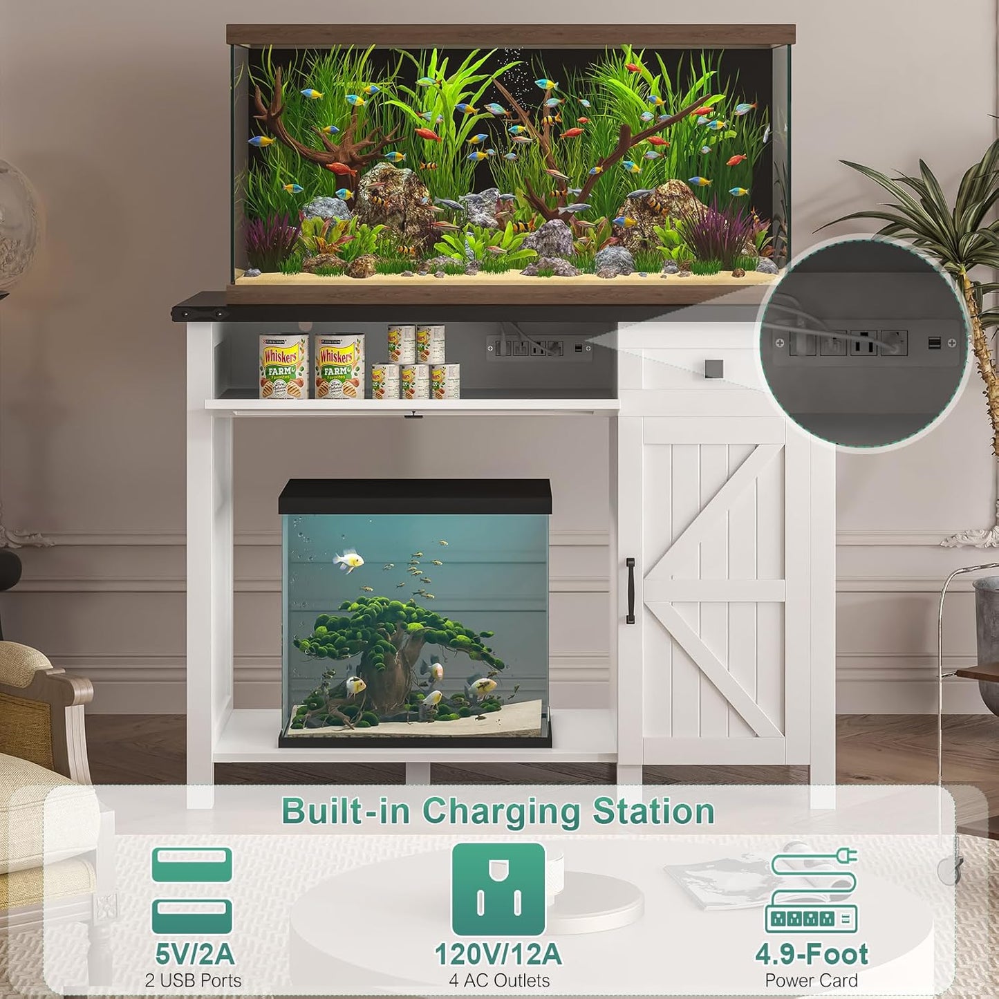 40 Gallon Aquarium Stand With Charging Station, Farmhouse Fish Tank Stand, Reptile Tank Stand Terrarium Stand with Drawer and Cabinet Storage, Sturdy Heavy Duty 41.9"×18.3" Tabletop - White