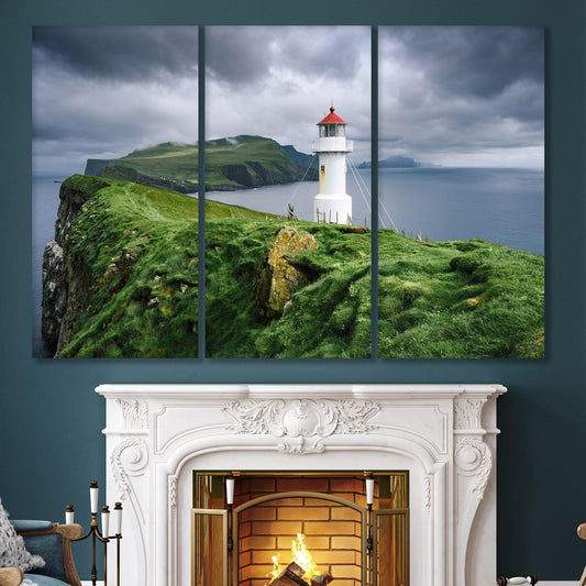 Nature Wall Art Prints - Ocean Forest Mountain Lake Canvas Landscapes - Small to Extra Large Living Room Bedroom Kitchen Bathroom Décor (Stormy Sky Lighthouse, 31L" x 47W" - 3 Panels)