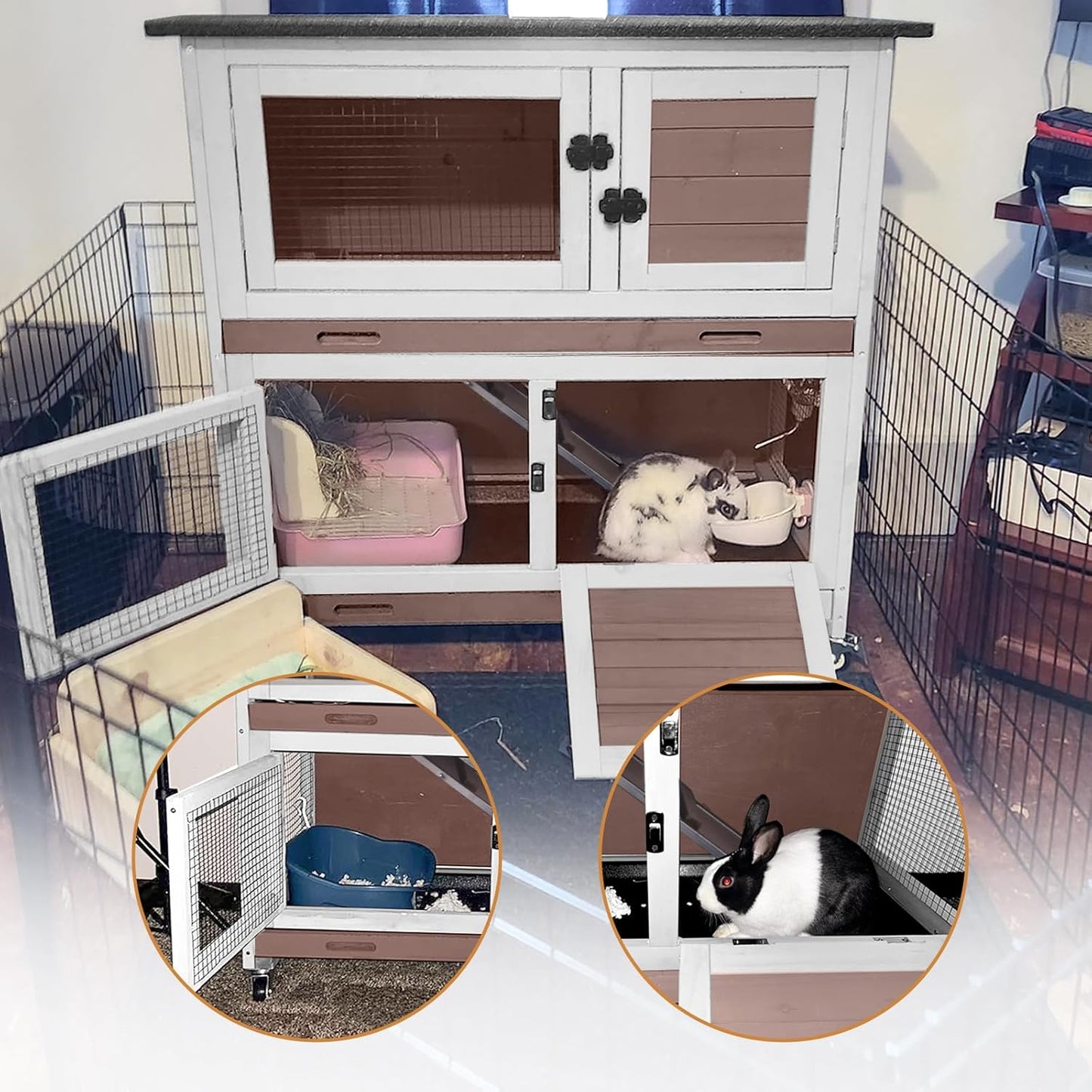 Rabbit Hutch Indoor Outdoor, Bunny Cage with Casters, Guinea Pig Cage Bunny Hutch with Two Plastic Trays 36inch-Brown