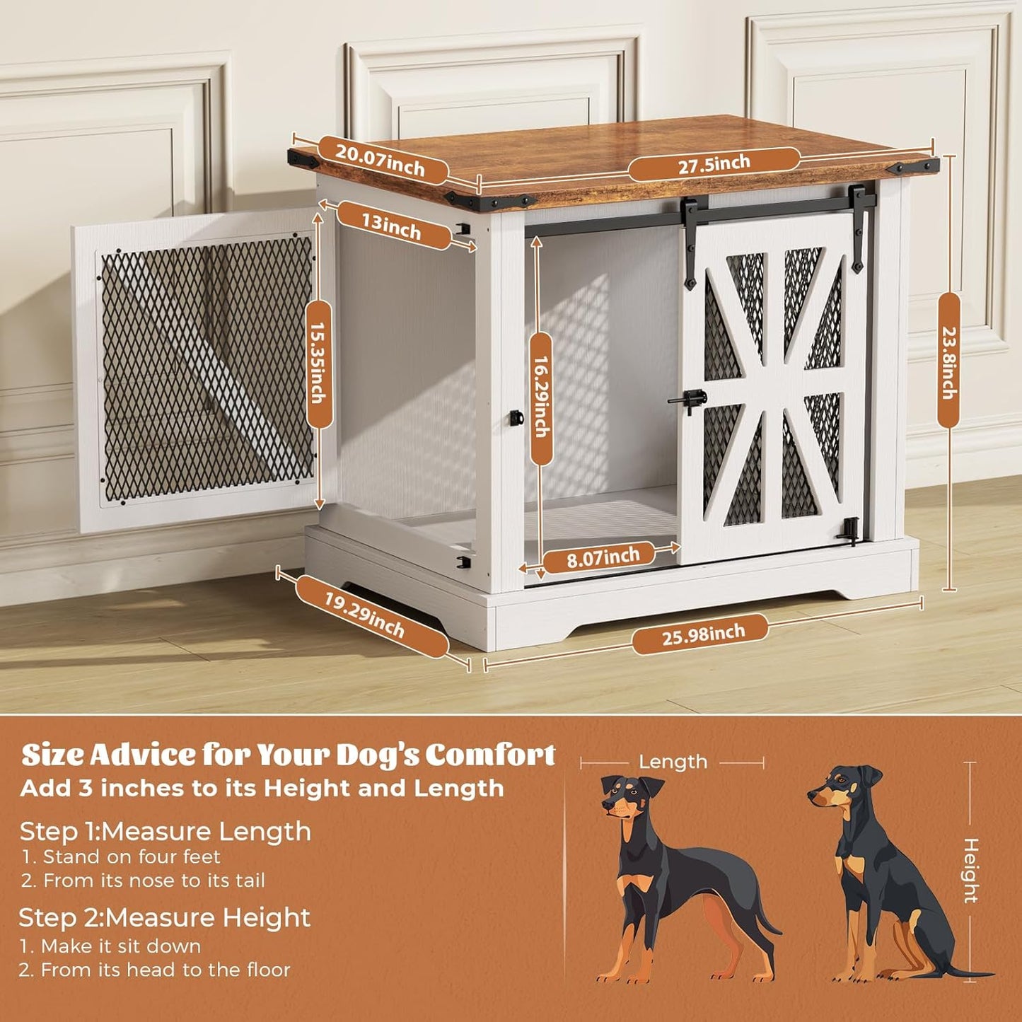 VOPEAK 27.5" Small Dog Crate Furniture, Chew Resistant Dog Crate for Puppy Dogs, Heavy Duty Small Dog Crate Dog Kennel Indoor with Double Doors, Wooden End Table for Bedroom Living Room, White