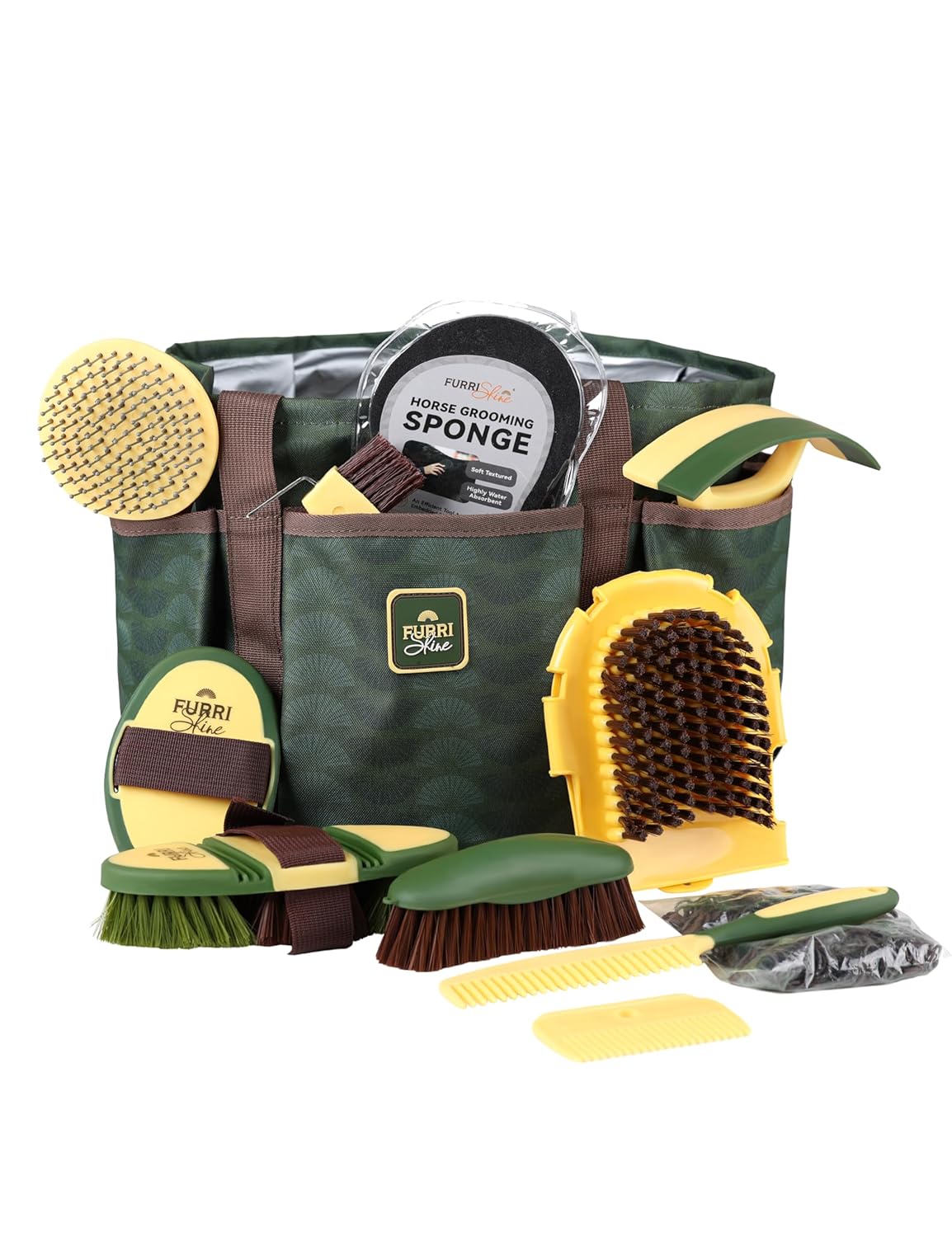 11PCS Horse Grooming Kit Curry Comb Sweat Scraper Horse Bathing Supplies Grooming Tools with Storage Bag Pasture Glow