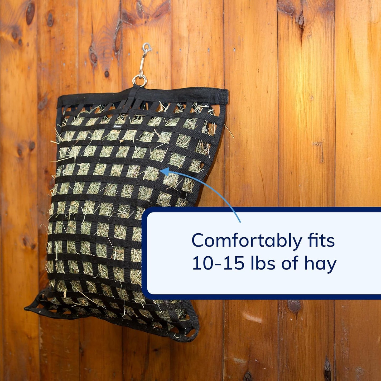 SmartEquine Slow Feed Hay Bag for Horses | Hay Feeder Net with Resistant Nylon | Gator Mouth Enclosure for Easy Loading | Fits 10-15 lbs of Hay | 4 Flakes Bag | 37" x 30" | Black | 2" Holes