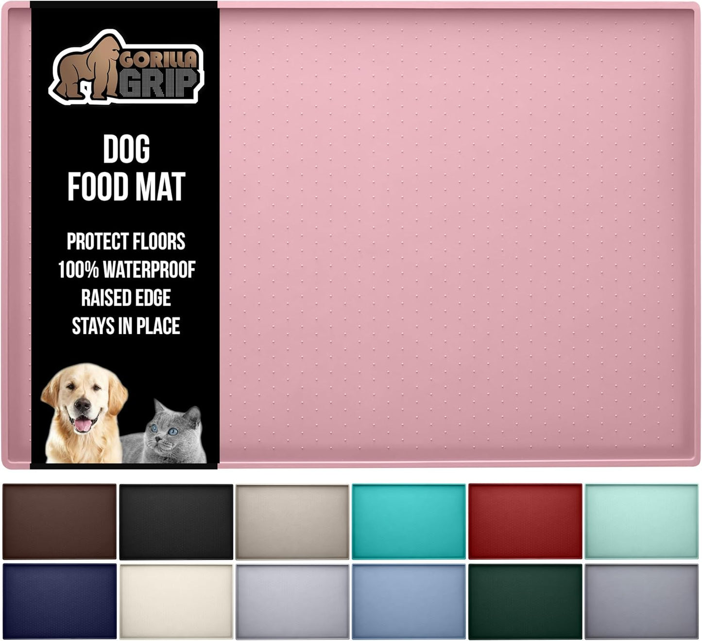 GORILLA GRIP 100% Waterproof Raised Edge BPA Free Silicone Pet Feeding Mat, Dog Cat Food Mats Contain Spills Protects Floors, Placemats for Cats and Dogs Water Bowl, Pets Accessories 32x24 Pink