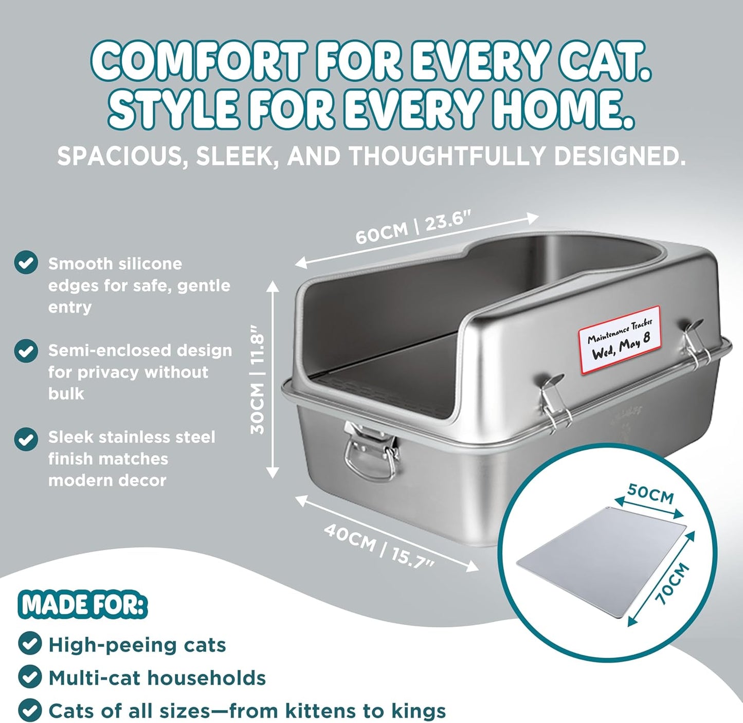 XL Metal Cat Litter Box with Lid – Non-Stick, Odor Control, Stainless Steel, Rust-Resistant, High-Sided – Easy to Clean with Handles, No-Slip Base, Leak-Proof Seal, 5 Clips, Cleaning Tracker