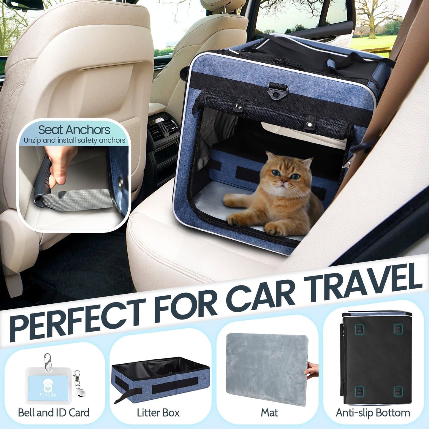 Petskd Extra Large Cat Carrier with Wheels and Litter Box, 24"x17"x17" Rolling Soft Carrier Until 55LBS Pets with 5 Breathable Mesh Windows and Locking Zippers for Long Distance Car Travel(Blue)
