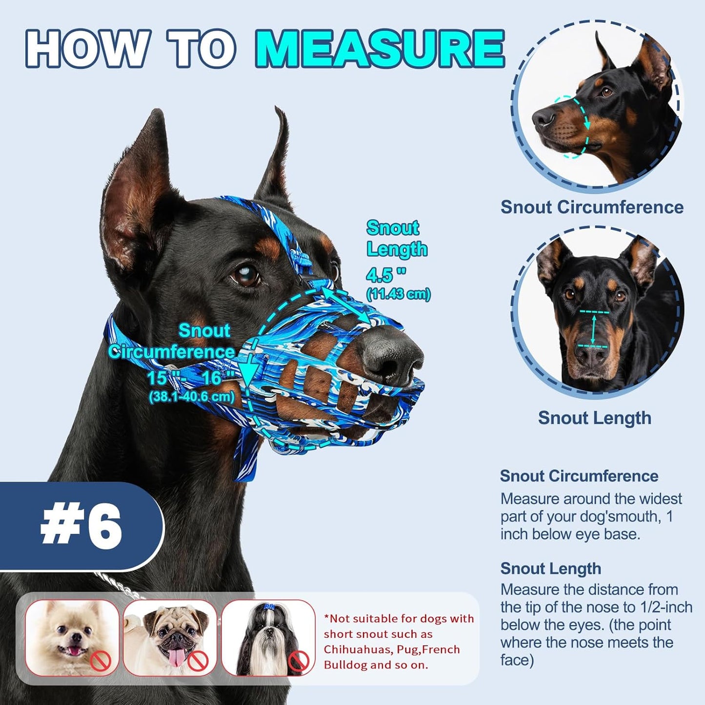 Basket Muzzle to Prevent Biting, Dog Muzzle for Large Medium Small Dogs Allows Panting Drinking Anti Chewing, Perfect for Grooming Trimming Training and Aggressive Reactive Dogs (Blue, Size 6)