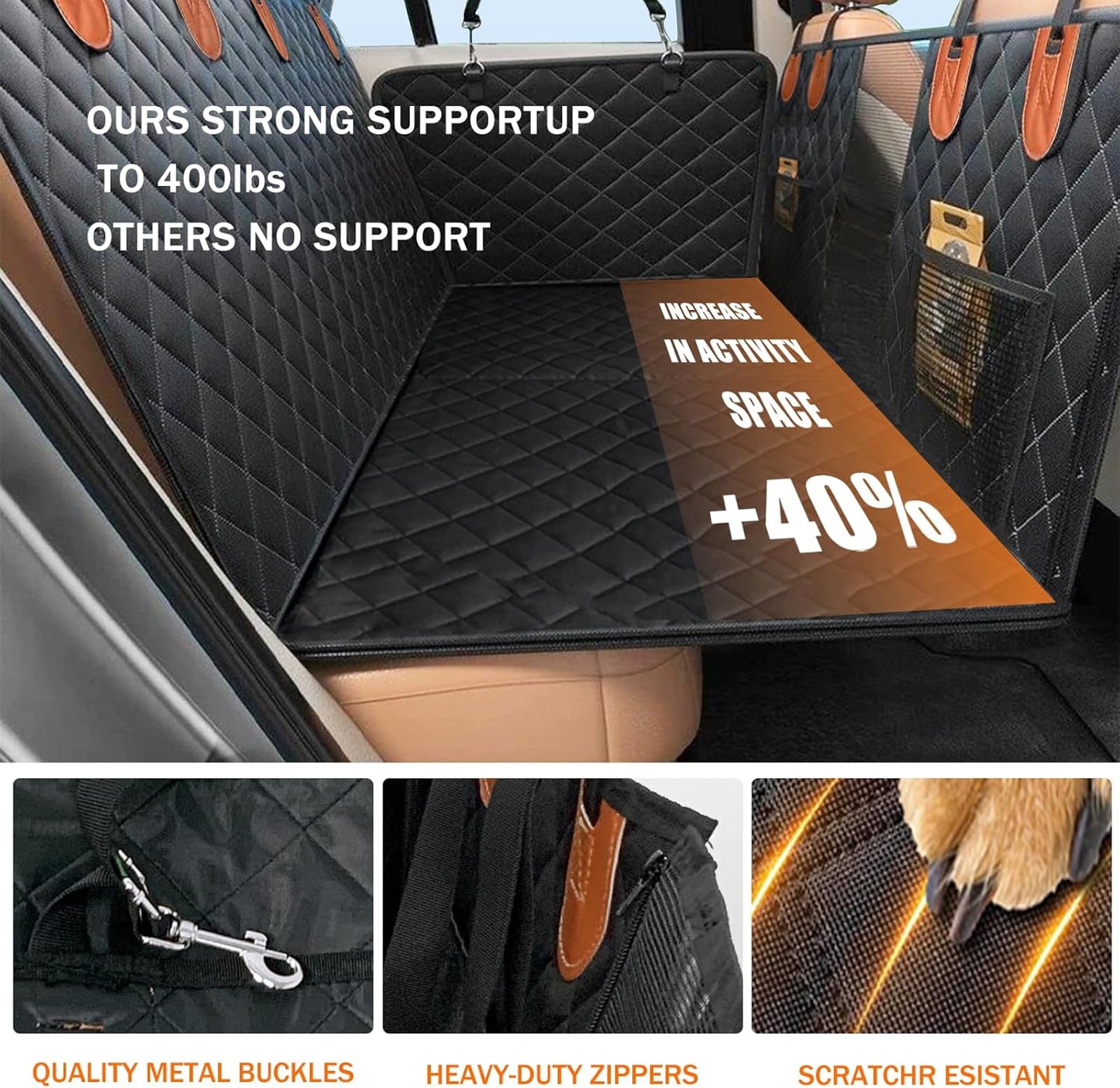 Back Seat Extender for Dogs Hard Bottom, Upgraded 7-Layer PU Leather Dog Car Seat Cover with Support 400lbs, Waterproof Dog Hammock Bed Backseat, Anti-Scratch Pet Seat Extender for Car, SUV, Truck
