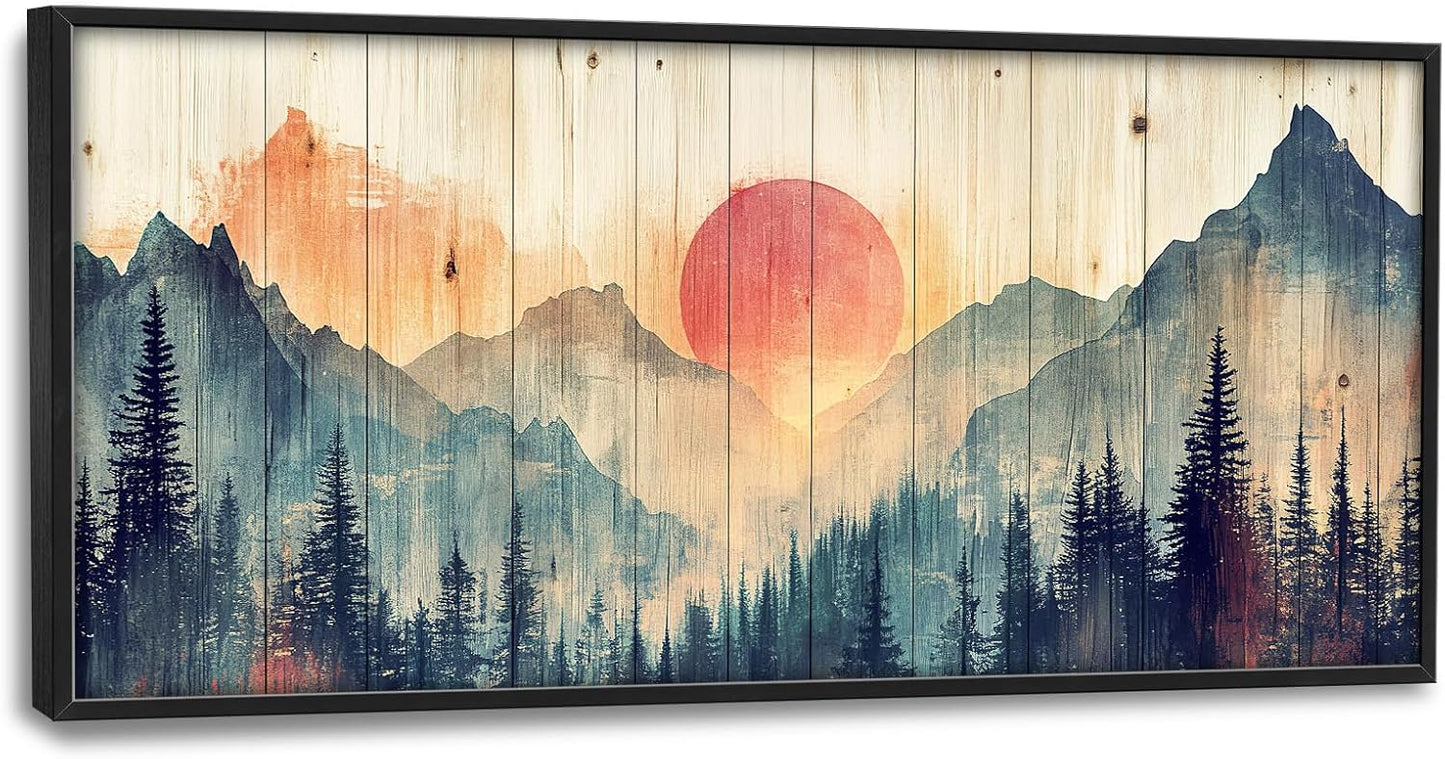 Framed Large Cabin Mountain Wall Art for Living Room, Oversized Rustic Forest Wall Decor, Rustic Nature Landscape Canvas Painting Sunset Pictures Home Decoration for Bedroom Office 60"x30"