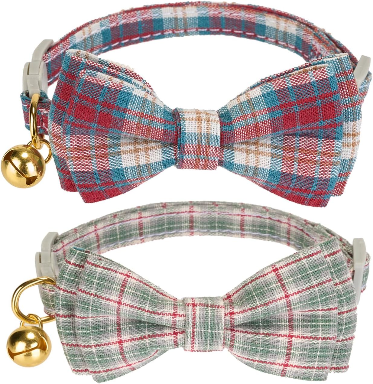 2 Pack Soft Cotton Christmas Cat Collars with Bowtie and Bell Breakaway Plaid Cat Kitten Collar(Red and Green)