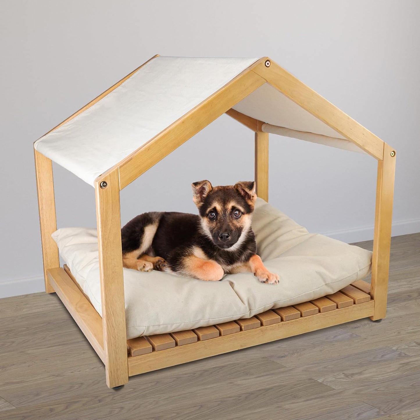 Dog House - 30x24-Inch Indoor Dog House with Soft Cushion and Adjustable Canopy - Wood Dog Furniture for Small to Medium Pets up to 70lbs by PETMAKER