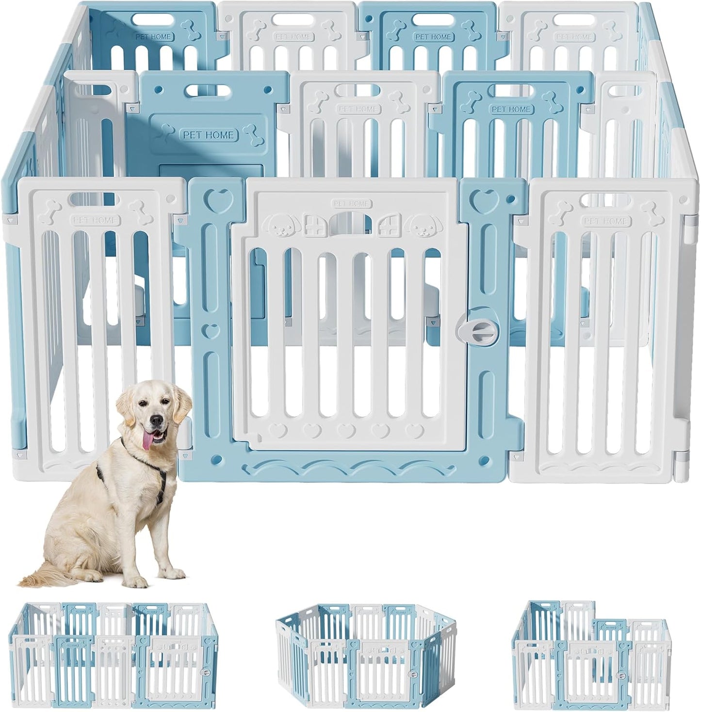 2 Room Dog Playpen with Door,DIY Shape Combination Puppy Pen,16-Panel+2 Link Piece+Large Door+Small Door,25.5" H Dog Fence,Non-Slip&Secure Pet Gate,Easy to Assemble,Blue+White