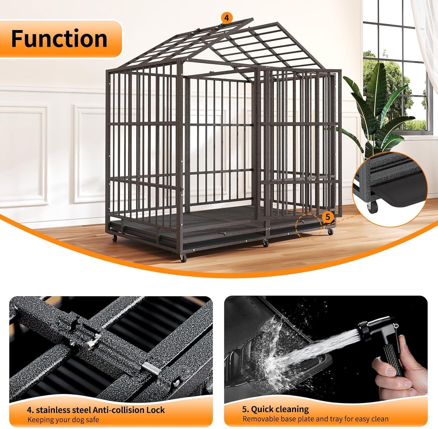 54 in Heavy Duty Indestructible Dog Crate Steel Escape Proof, High Anxiety Cage with Wheels, Removable Tray, Extra Large Dog Kennel XL XXL