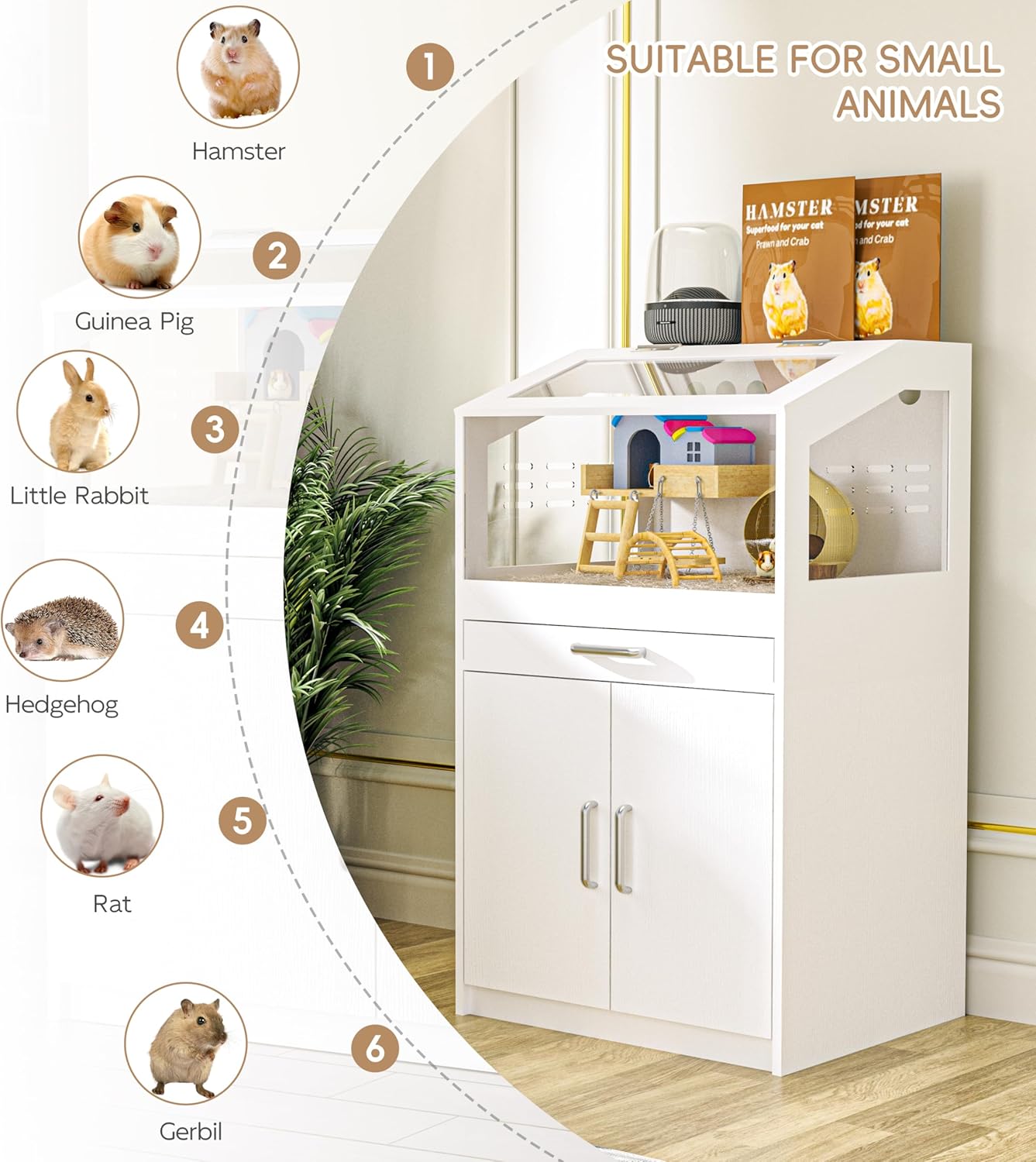 Hamster Cage with Storage Cabinet, Guinea Pig Cage for Small Animals, Large Hamster Cage and Habitat with Easy View Acrylic Panels for Hamster, Rabbit, Guinea Pig, Hedgehog (24"x19"x40")