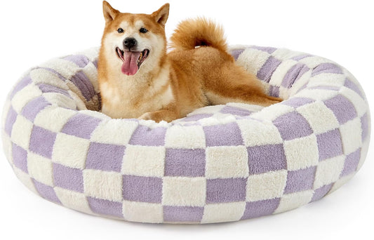 LE SURE Donut Large Dog Bed - Round Cat Beds for Indoor Anti-Anxiety Calming Pet Beds, Washable Cute Modern Beds with Teddy Sherpa Plush & Anti Slip Bottom, 36 Inch, Purple