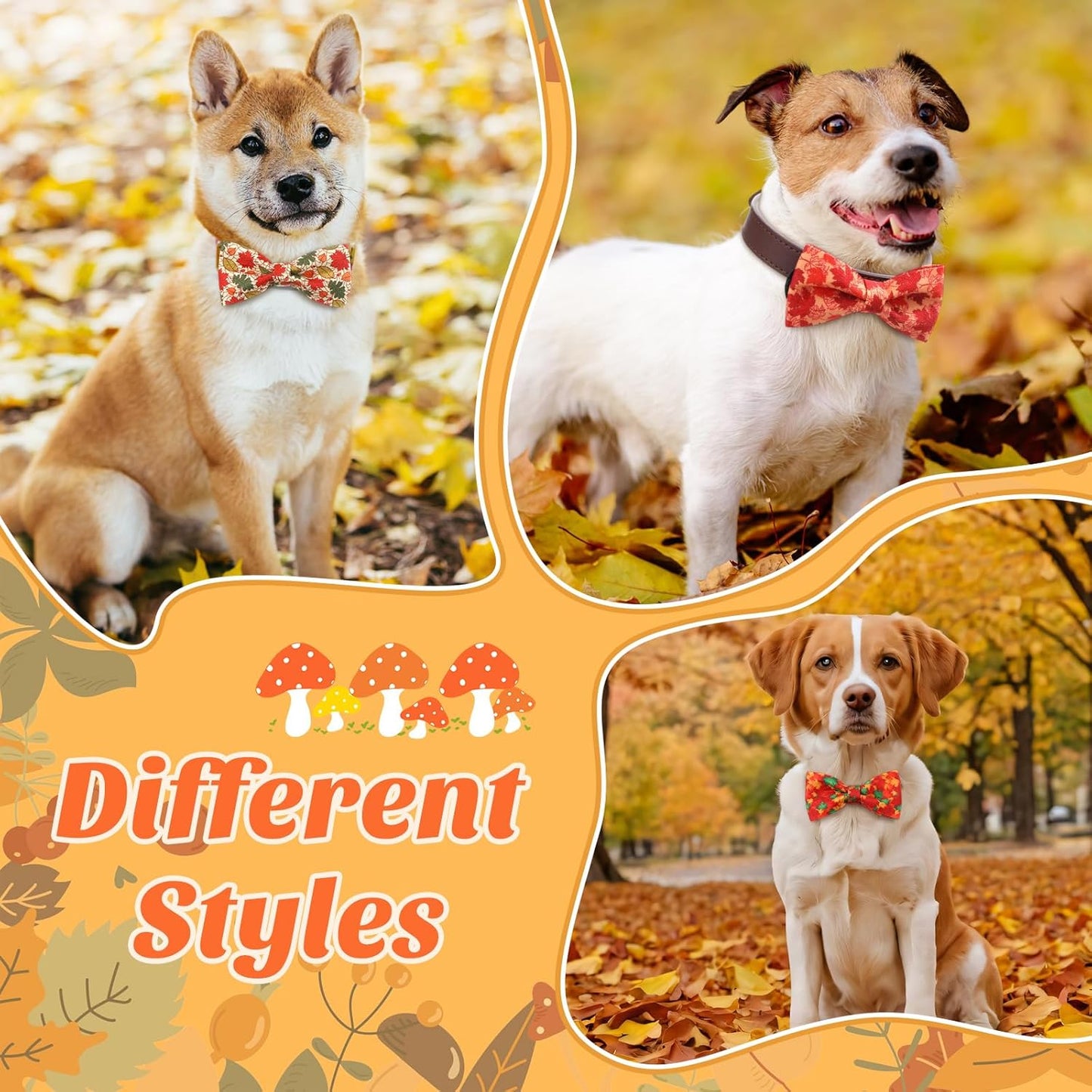 Hillban 50 Pcs Fall Thanksgiving Dog Collar Bow Ties Maple Leaves Dogs Collar Accessories Bow Ties Attachment with Elastic Bands Detachable Charms for Pet Costume Photo Props Accessories Pet Shops