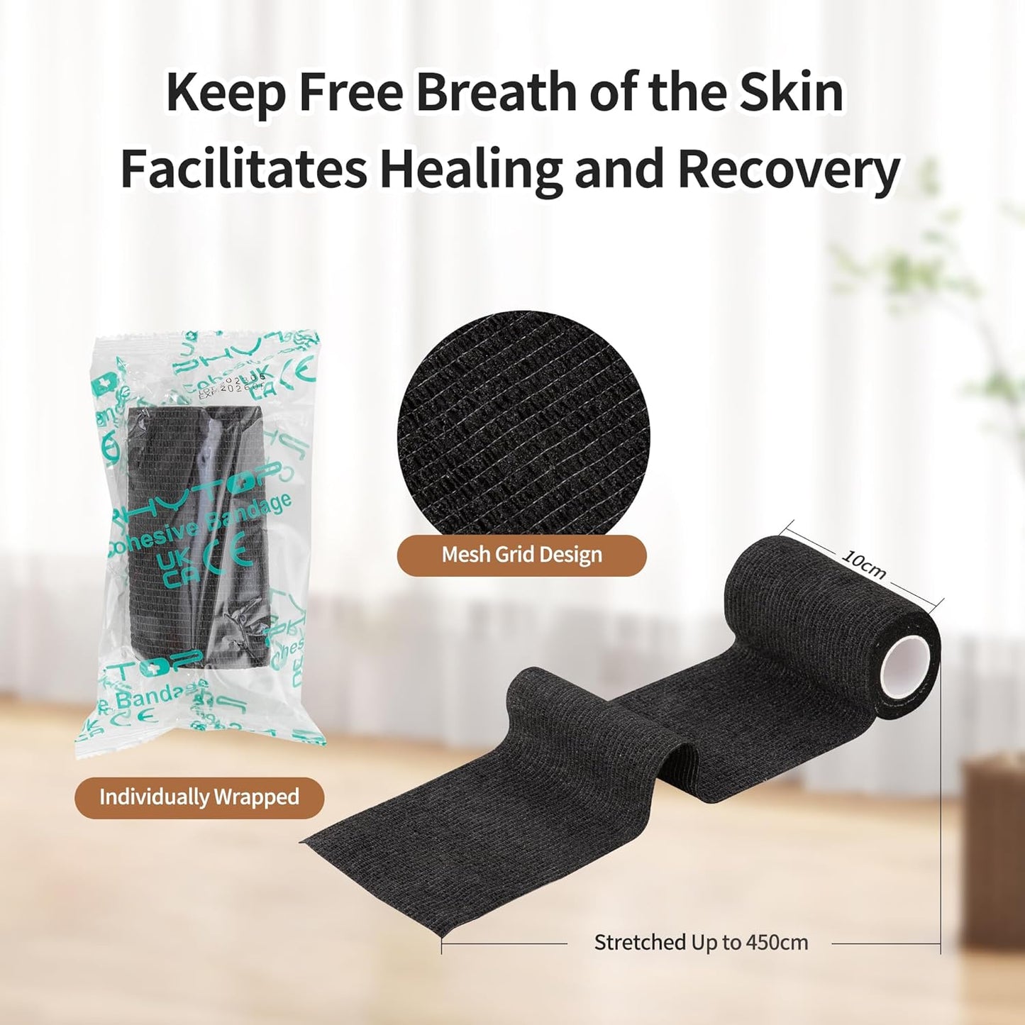 PHYTOP 12 Rolls Self Adhesive Bandage Wrap, Cohesive Bandage 4 inches x 5 Yards, Sports Wrap Tape, Also for Horses & Dogs as Breathable Vet Wrap (Black)