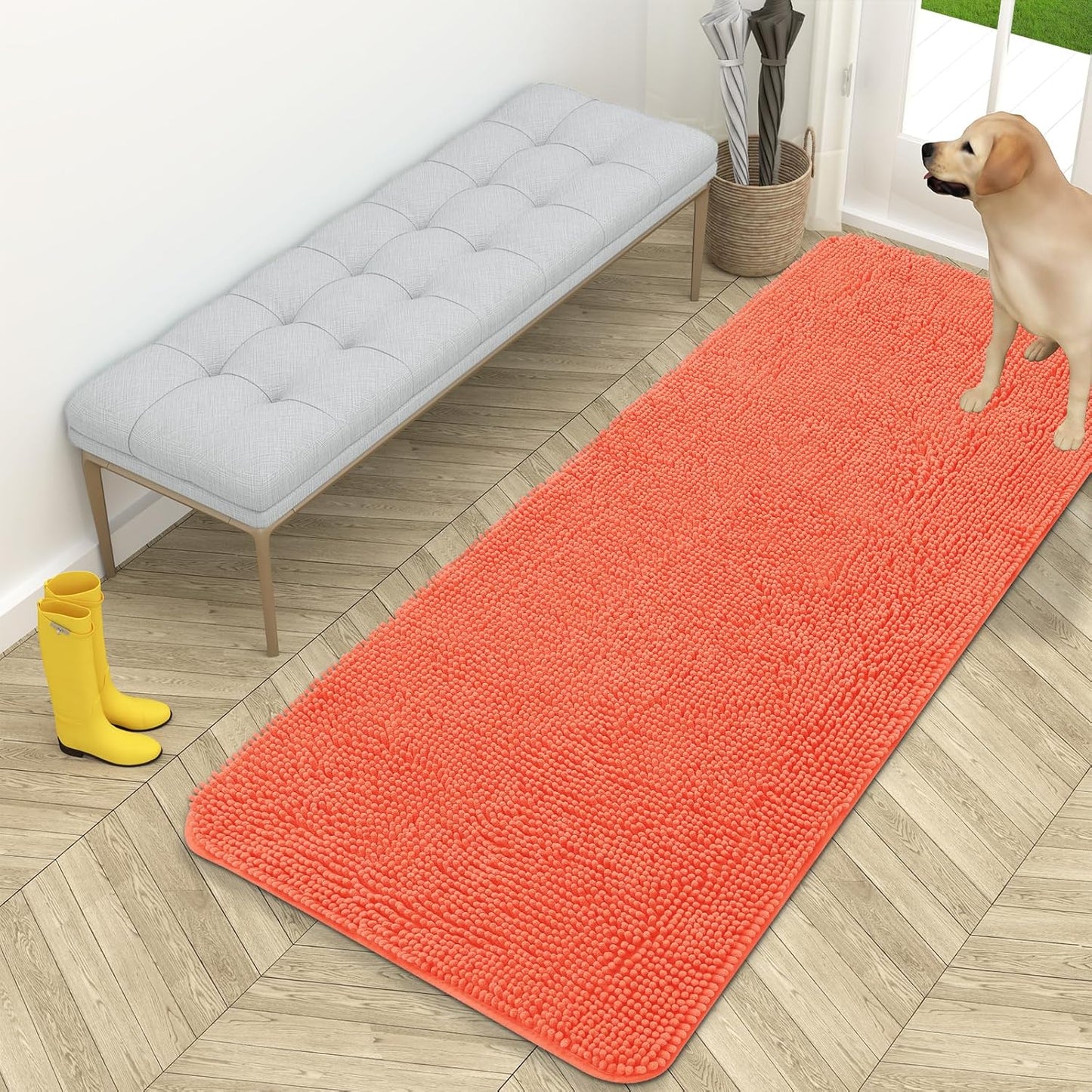 OLANLY Dog Door Mat for Muddy Paws 59x24, Absorbs Moisture and Dirt, Absorbent Non-Slip Washable Doormat, Quick Dry Chenille Mud Mat for Dogs, Entry Indoor Entryway Carpet for Inside Floor, Coral