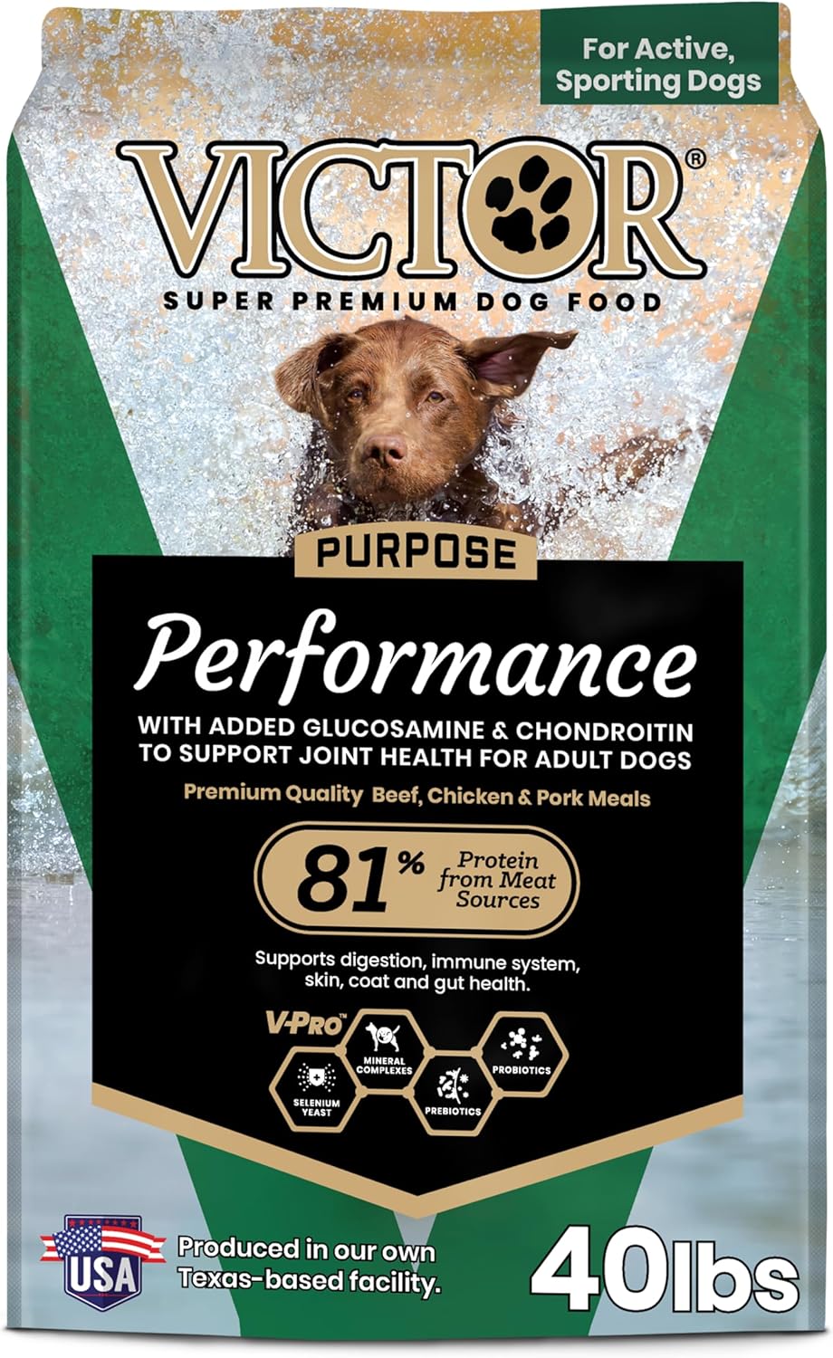 VICTOR Super Premium Dog Food – Performance Dry Dog Food from Beef, Chicken and Pork Meal – 26% Protein for Active Adult Dogs – Includes Glucosamine and Chondroitin for Hip and Joint Health, 40lbs