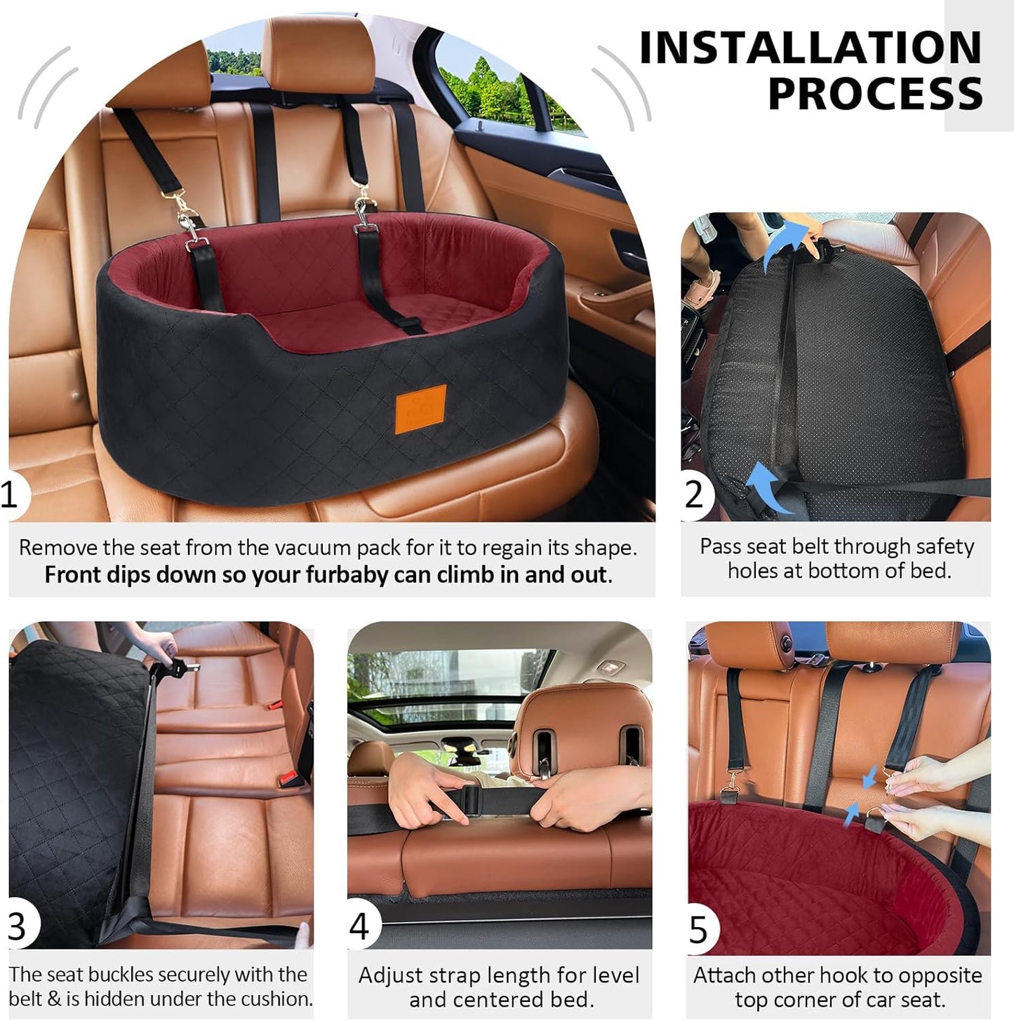 Dog Car Seat for Medium Dogs Up to 50 lbs, Pet Booster Seat for Cars SUVs and Trucks, Travel Dog Bed with Safety Strap, Thick Cushion, Non-Slip Base, Washable and Portable(Black/Red