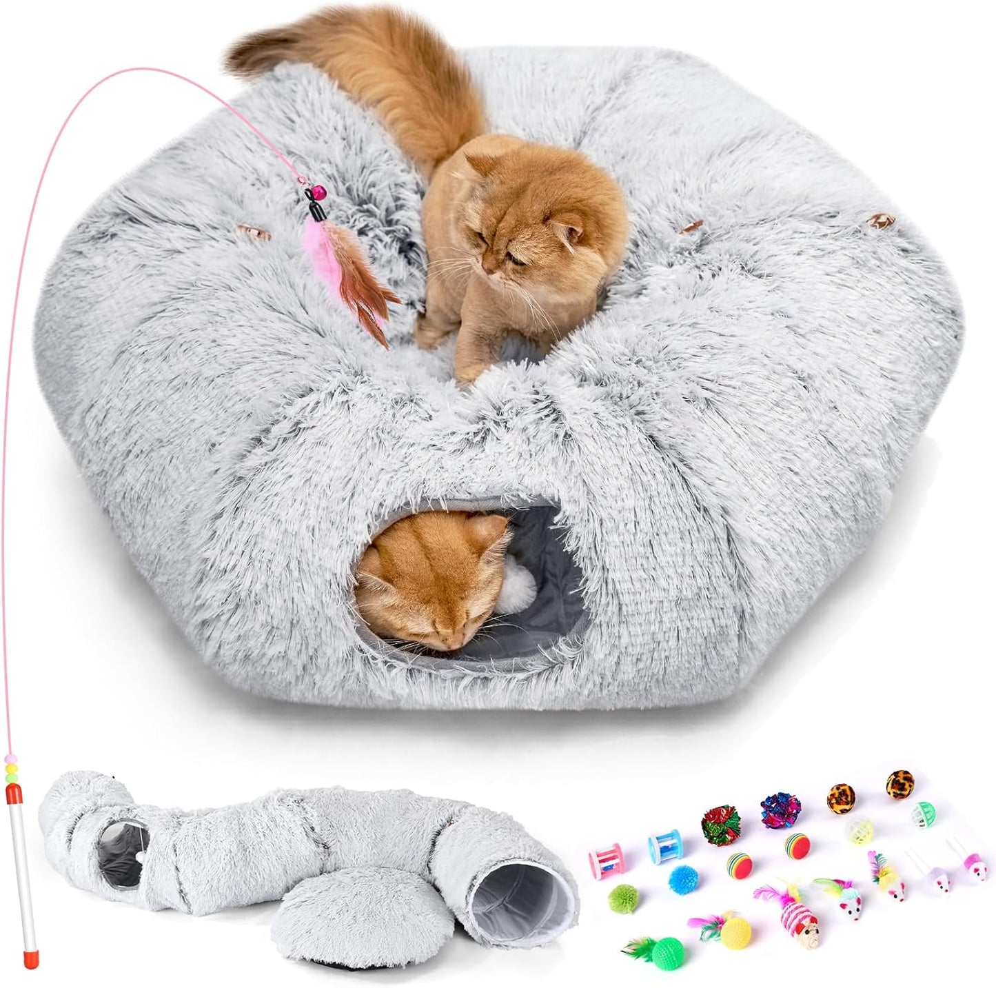 Odoland Cat Tunnel Bed with 20 Cat Toys - Indoor Plush Kitten Couch, Detachable Cats Cave Donut Tunnel & Soft Kitten Toy Set - Cozy Cat Furniture, White