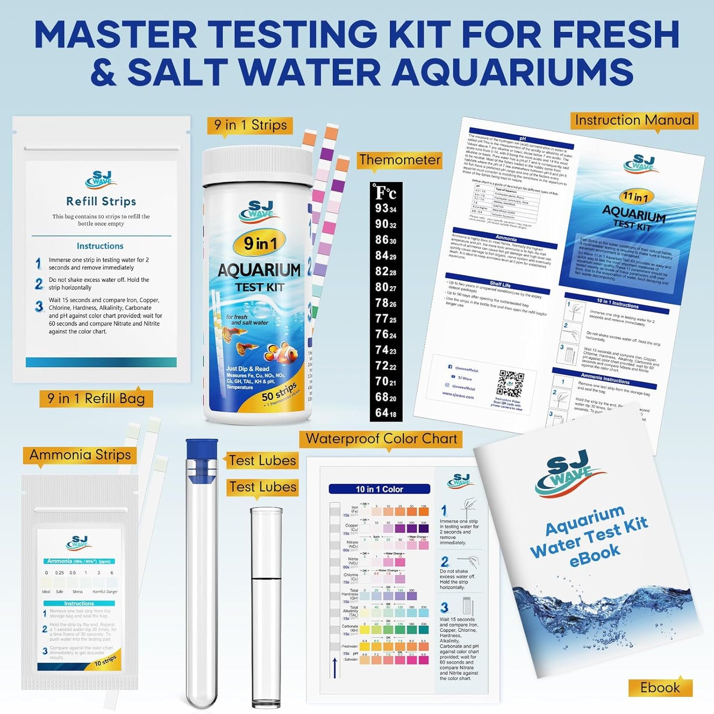 11 in 1 - Aquarium Test Strips | 950 Tests - 150 Strips | Fish Tank Aquariums Water Test Kit & ebook | Aquarium Thermometer | Fish Tank Water Testing Kit Includes 50 Ammonia Strips | Versatile Usage