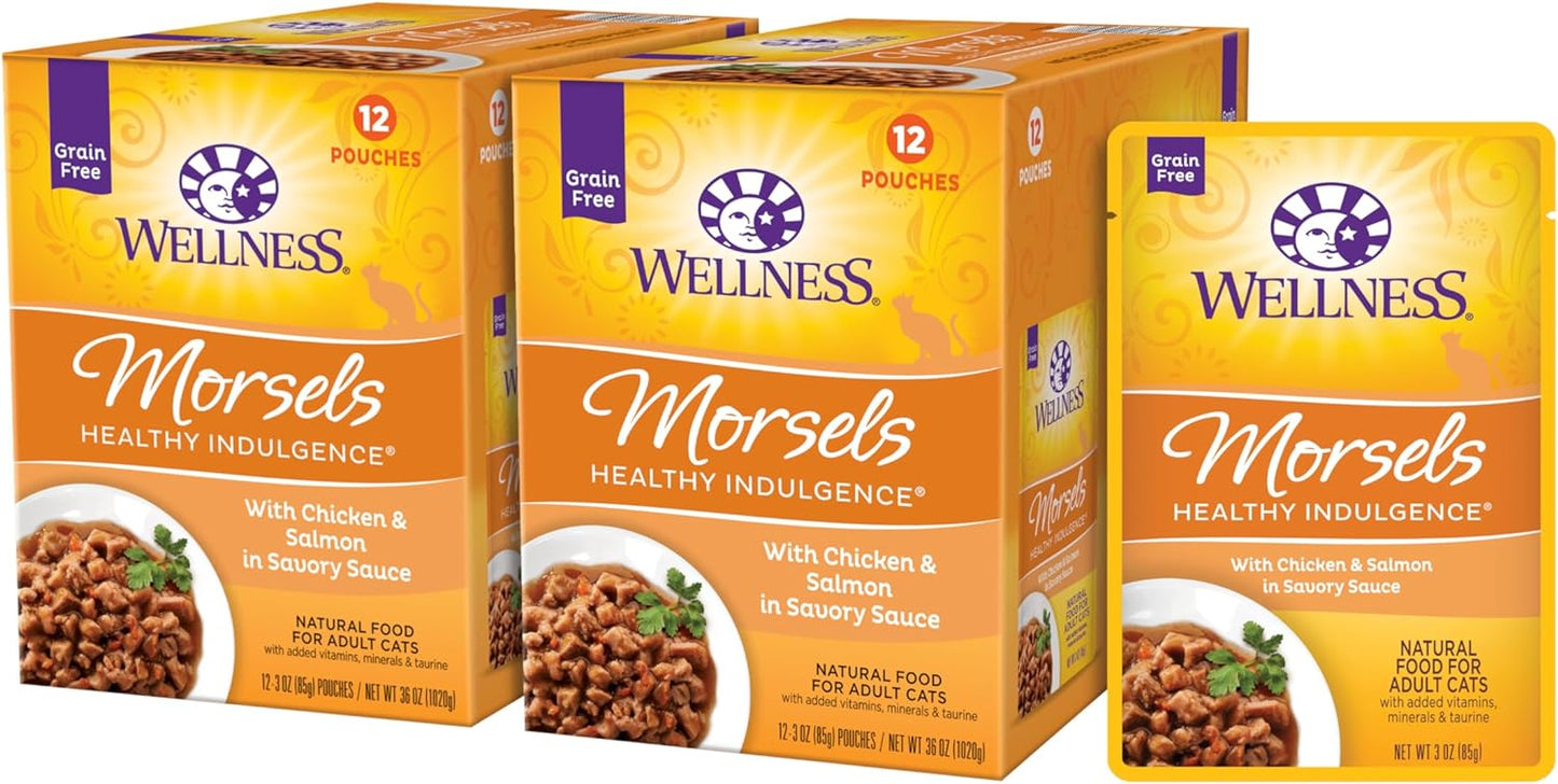Wellness Healthly Indulgence Morsels Adult Wet Cat Food, Natural, Protein-Rich, Grain Free, 3 Ounce Pouch, 24 Pack, (Chicken & Salmon)