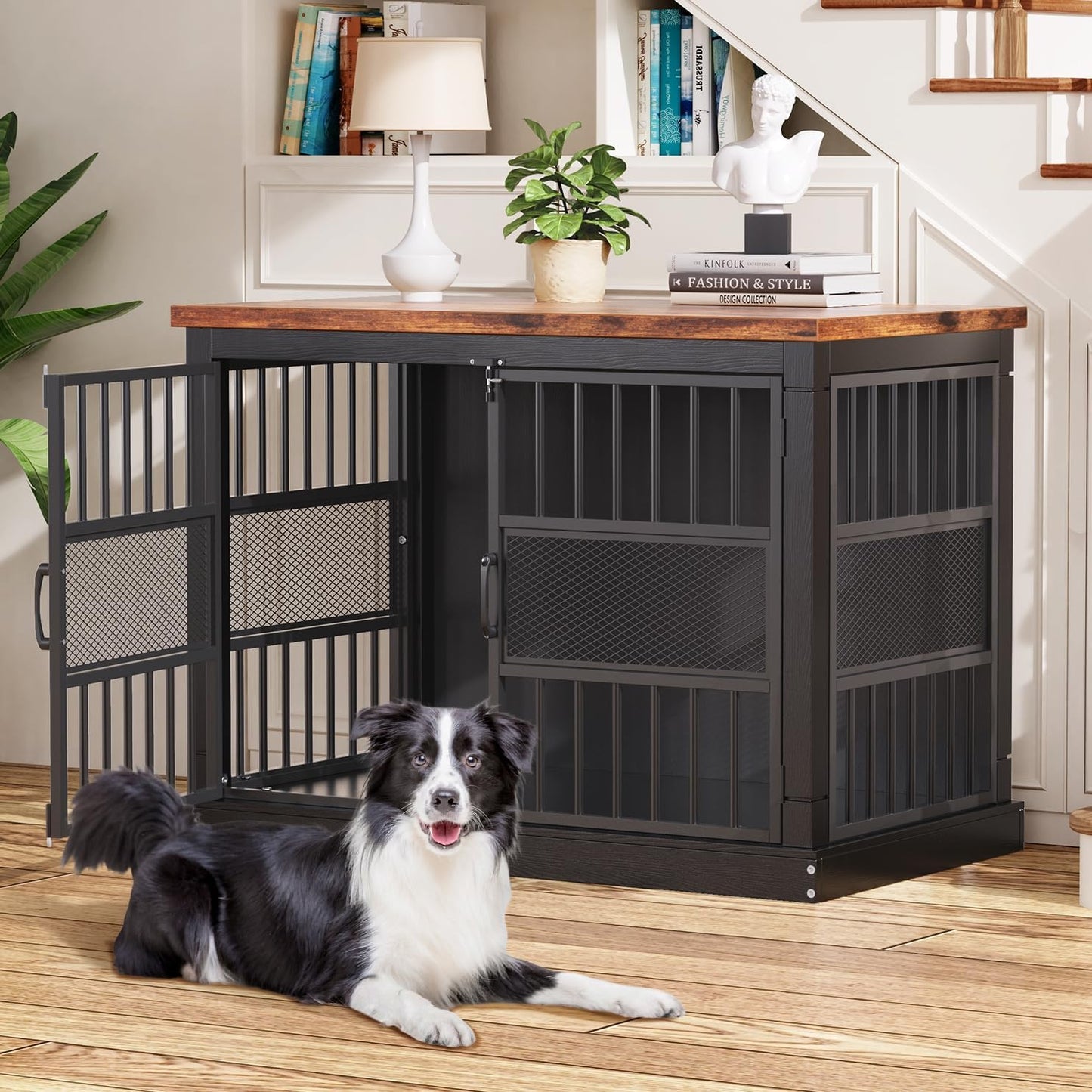VOPEAK 40" Dog Crate Furniture, Chew Resistant Dog Crate for Dogs, Heavy Duty Dog Crates Dog Kennel Cage Indoor with Double Doors, End Table for Bedroom Living Room, Black