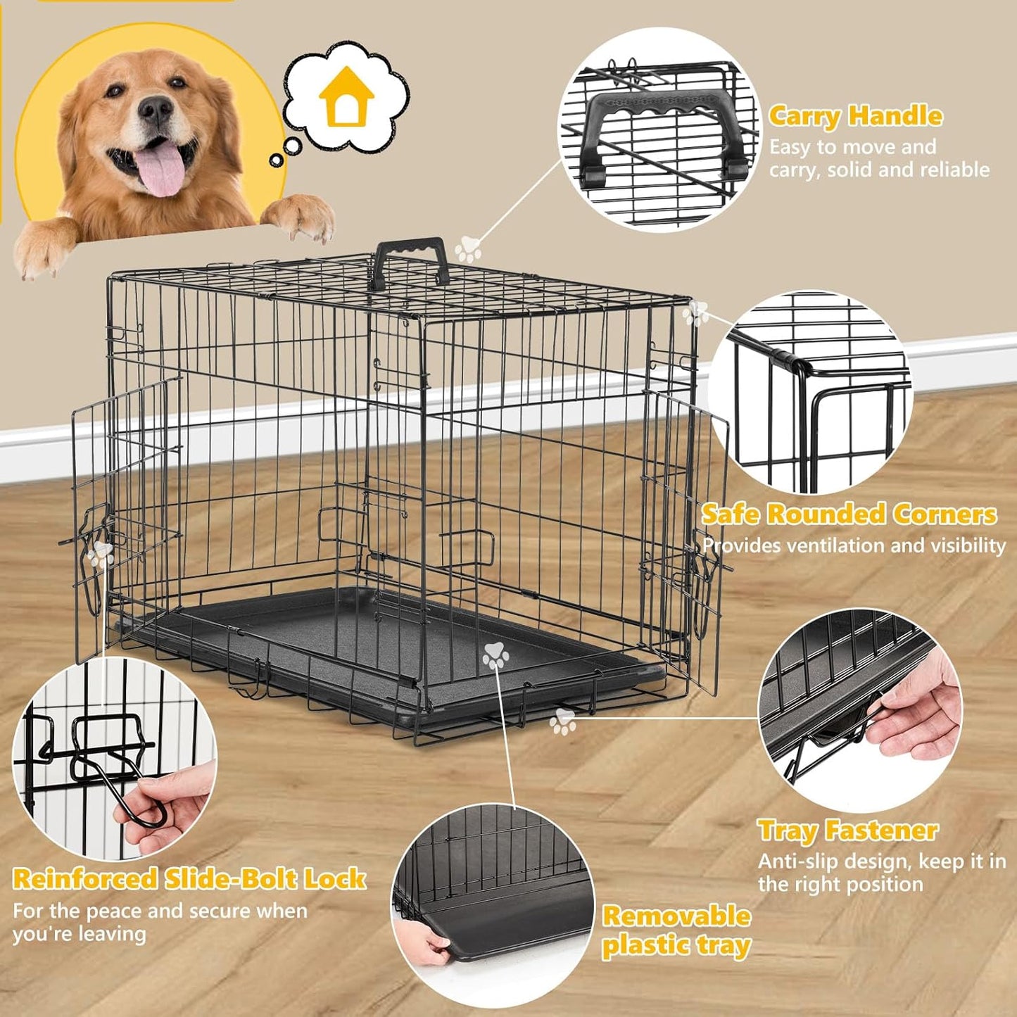 DUMOS Dog Crate with Double Doors, Metal Foldable Pet Cage with Divider Panel and Removable Tray, Portable Large Kennel for Outdoor Indoor with Handle, Black, 42 Inch