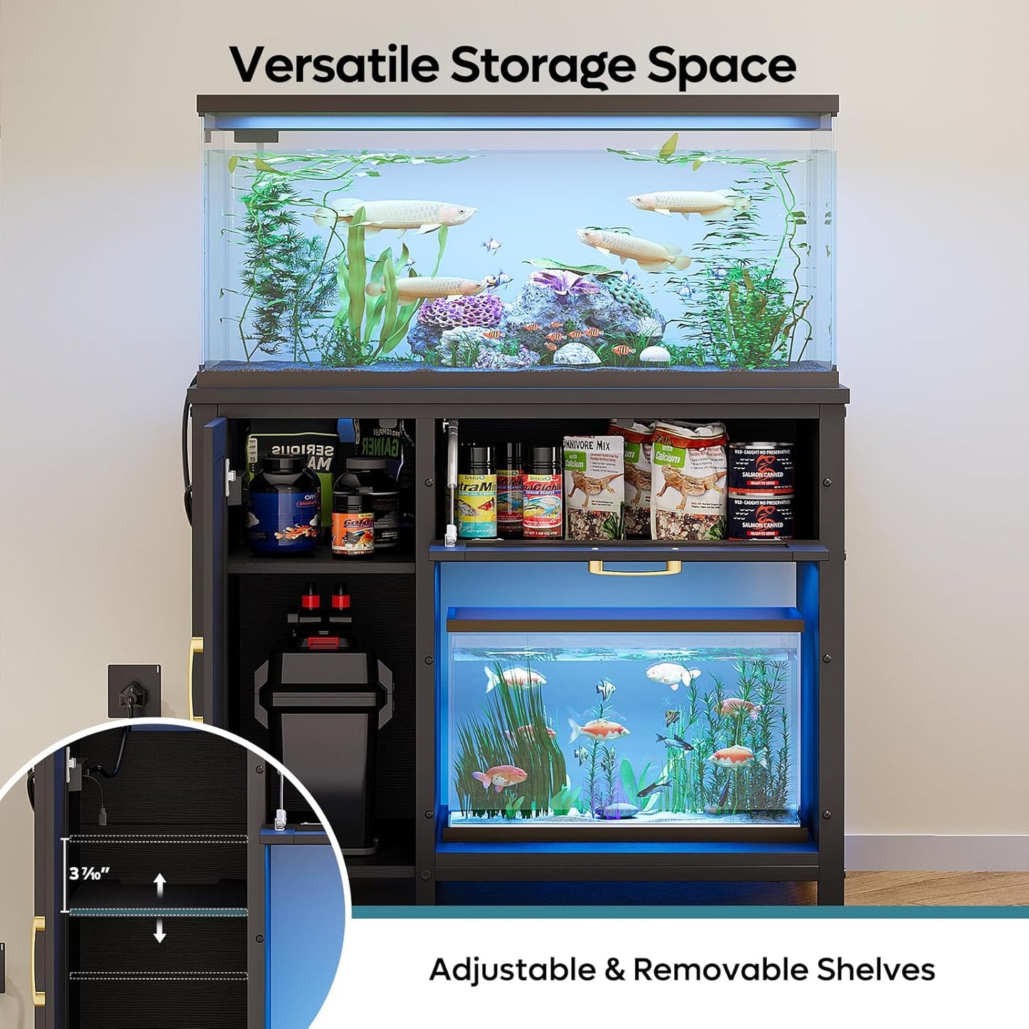 Bestier 40-50 Gallon Fish Tank Stand with Power Outlet&LED Light, 37x18 Heavy-Duty Metal Aquarium Stand with Cabinet&Drawer for Accessories Storage, Suit for Reptile/Turtle Terrarium,660Lbs Capacity