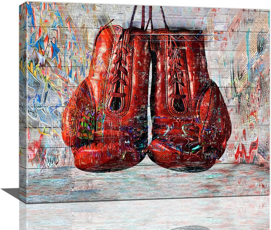 Quorin Banksy Graffiti Boxing Wall Art Red Boxing Gloves Pictures Gym Sport Wall Decor Canvas Print Painting Artwork for Gym Living Room Bedroom 16"x20"