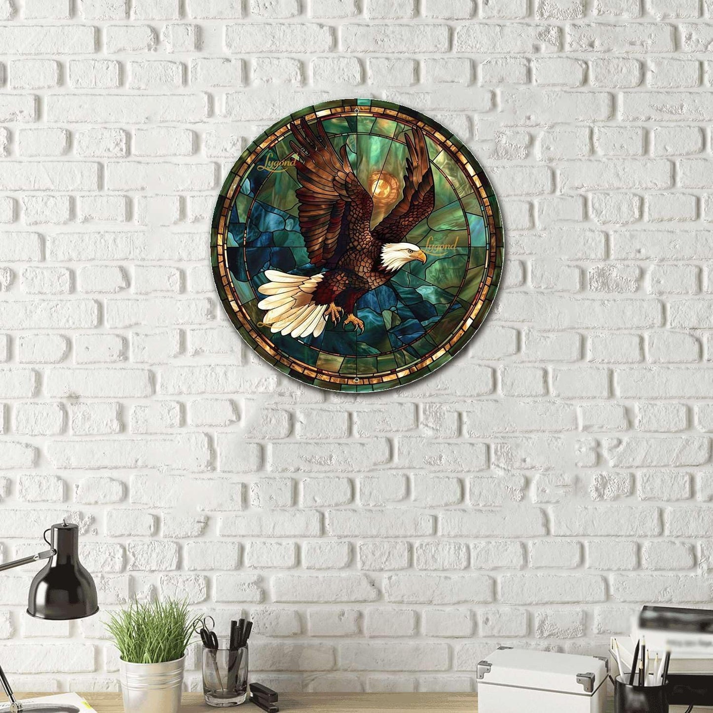 Lygond Metal Sign Tin Sign Circular Stained Glass American Bald Eagle Bathroom Signs for Home for Yard 8×8 Inches