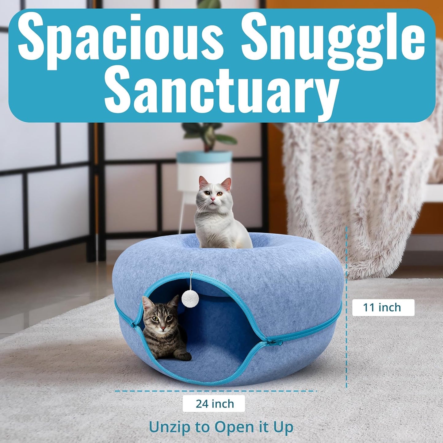 Okoco Cat Tunnel Bed for Indoor Cats Large, 24" Peekaboo Cat Cave Donut Bed for Pets up to 45lbs, 2-in-1 Round Tube with Hanging Ball Toy & Removable Machine Washable Parts (Light Blue)