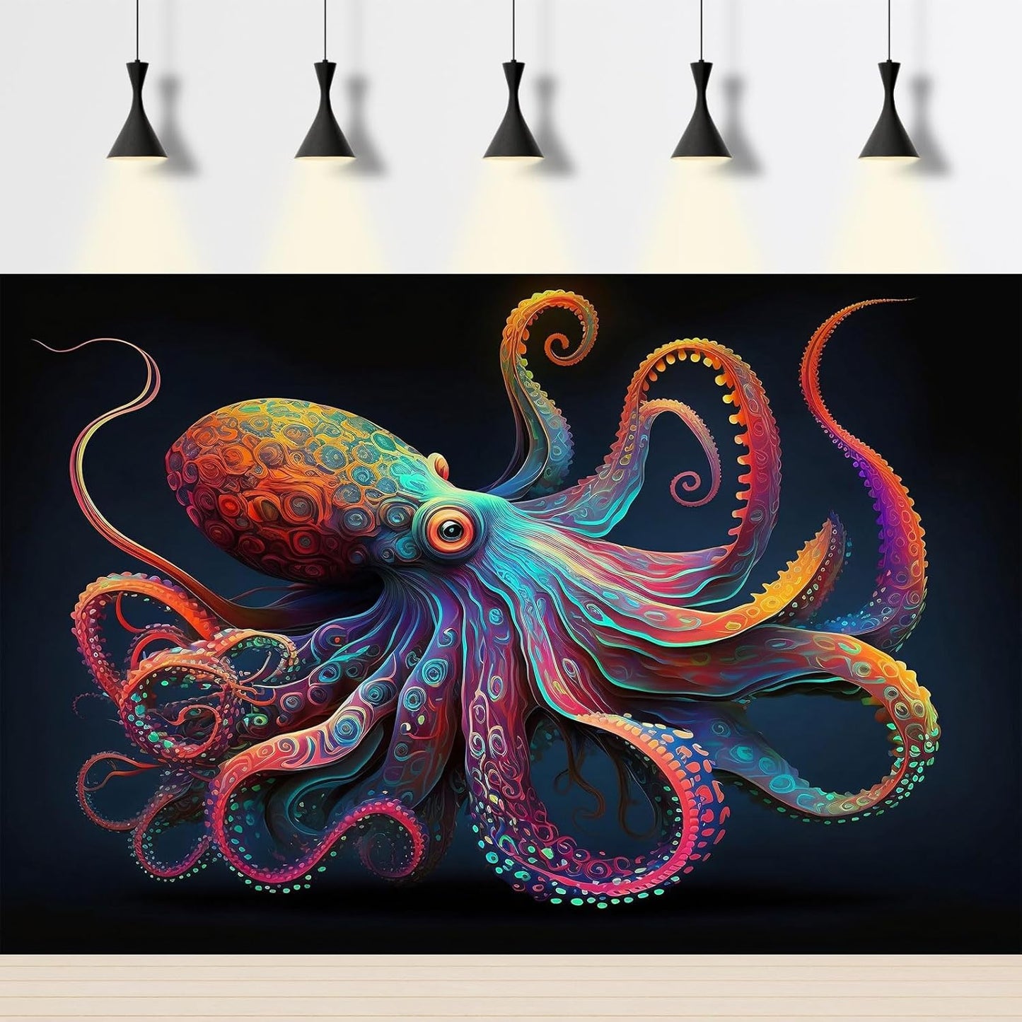 Exquisite Octopus Aquarium Background Abstract Colorful Octopus Terrarium Background Glowing Octopus on Black Background Fish Tank Backdrop Octopus Backdrops Poster Wallpaper Decors Vinyl 24x12in