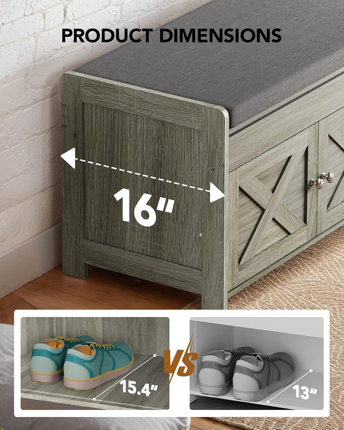 Amada Shoe Bench, Entryway Bench with Cushioned Seat & Lift Top Storage, 3 Doors, Adjustable Shelf, 300 lbs Capacity, Storage Bench with Shoe Rack for Entryway, Bedroom, Living Room, Gray