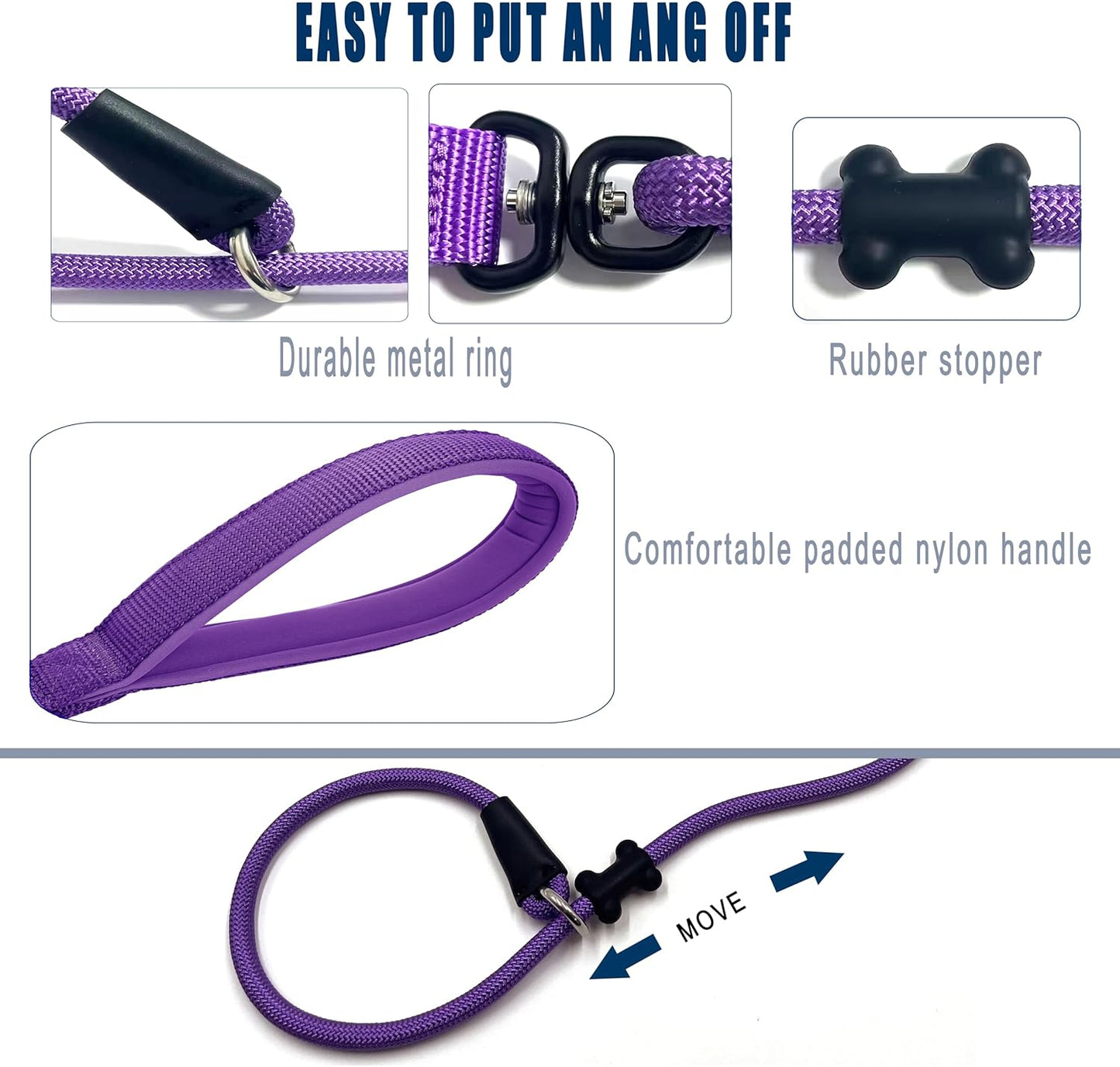 Slip Lead Dog Leash，Strong Nylon Rope Leash and Padded Handle,No Pull Outdoor Walking Training Lead for Small Medium Large Dogs (Purple, 1/2"×6ft)