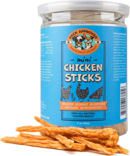 Mini Chicken Sticks for Dogs - Natural, Dehydrated Chicken Jerky Treats, Single Ingredient. Made and Sourced in America - Crunchy Chew Sticks - 3oz