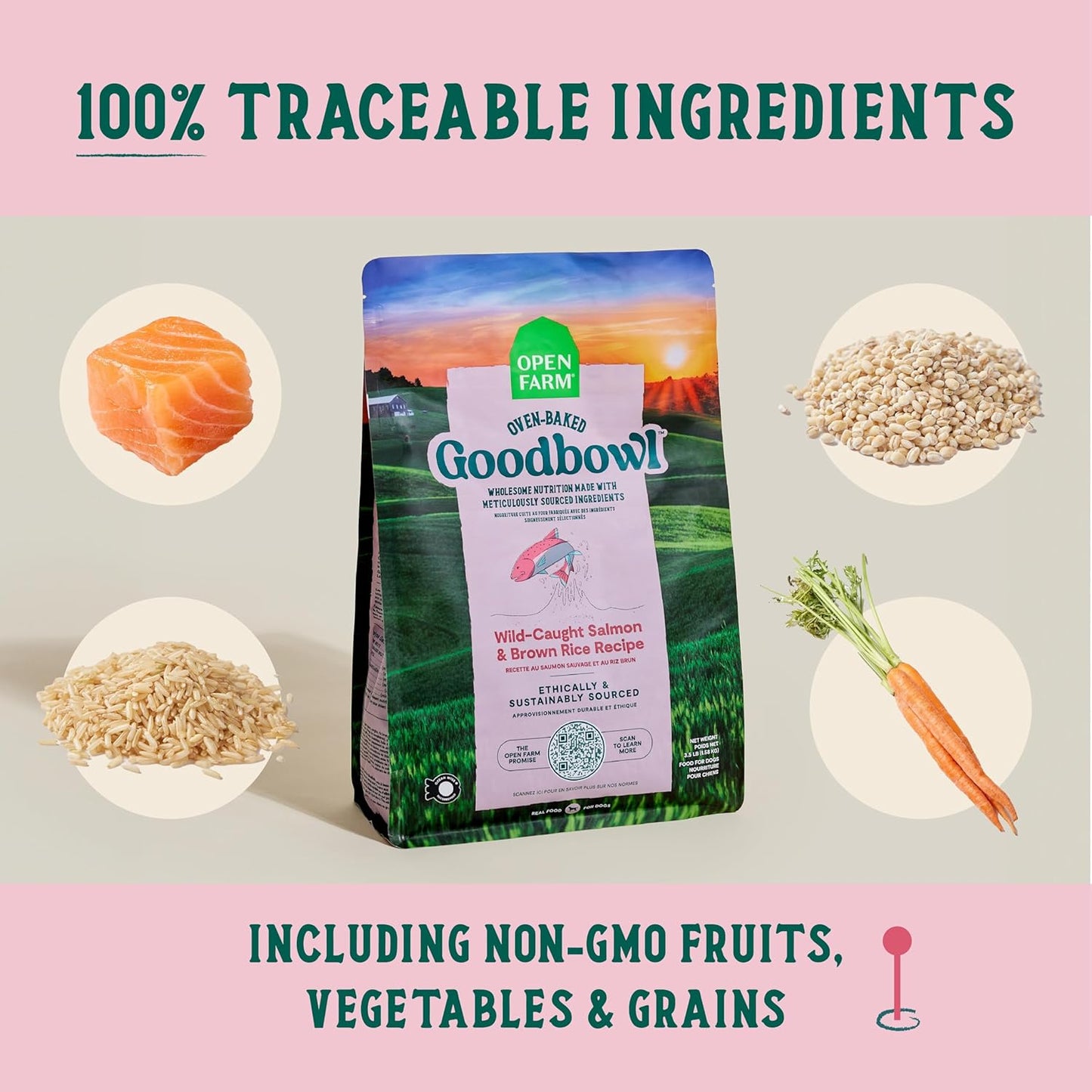 Open Farm Goodbowl, Oven-Baked Small Batch Dry Dog Food - Wild Caught Salmon & Brown Rice Recipe, Includes Non-GMO Produce & Grains, 22lb Bag (352oz Bag)